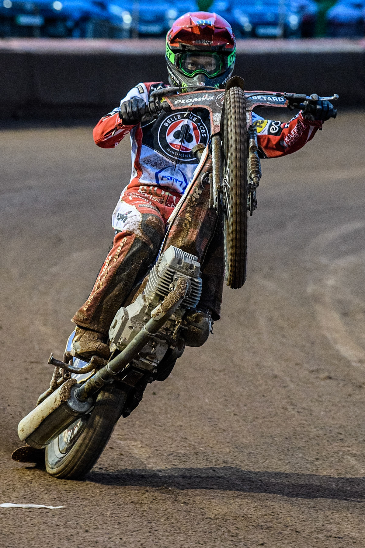 Belle Vue Aces' Dan Bewley does a wheelie during the Rowe Motor Oil Premiership match between Belle Vue Aces and Oxford Spires at the National Speedway Stadium, Manchester on Monday 13th May 2024. (Photo: Ian Charles | MI News)