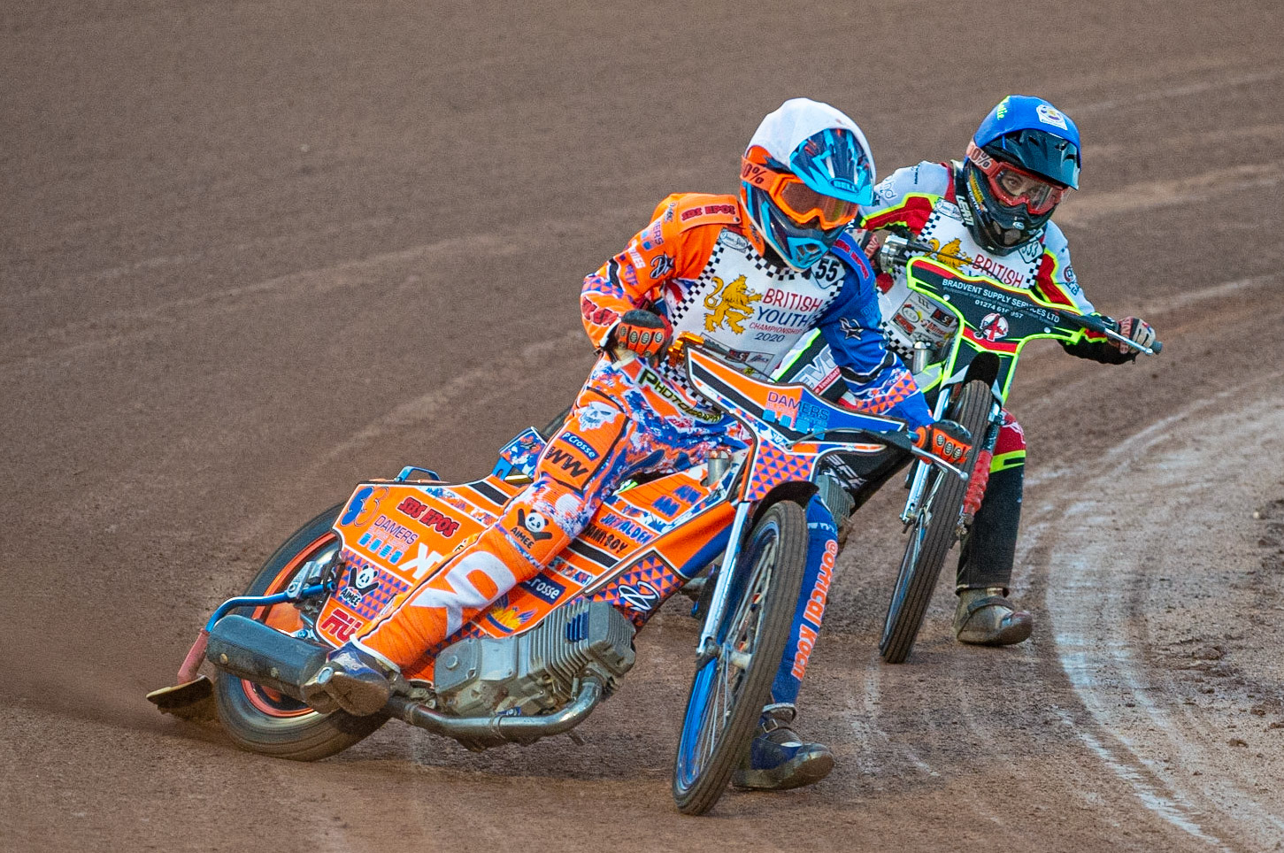 Photo: Ian CharlesSam Peters (White) leads Katie Gordon (Blue) (500cc B Class) British Youth Speedway Championship (Round 5), National Speedway Stadium, Manchester Saturday  10  October  2020