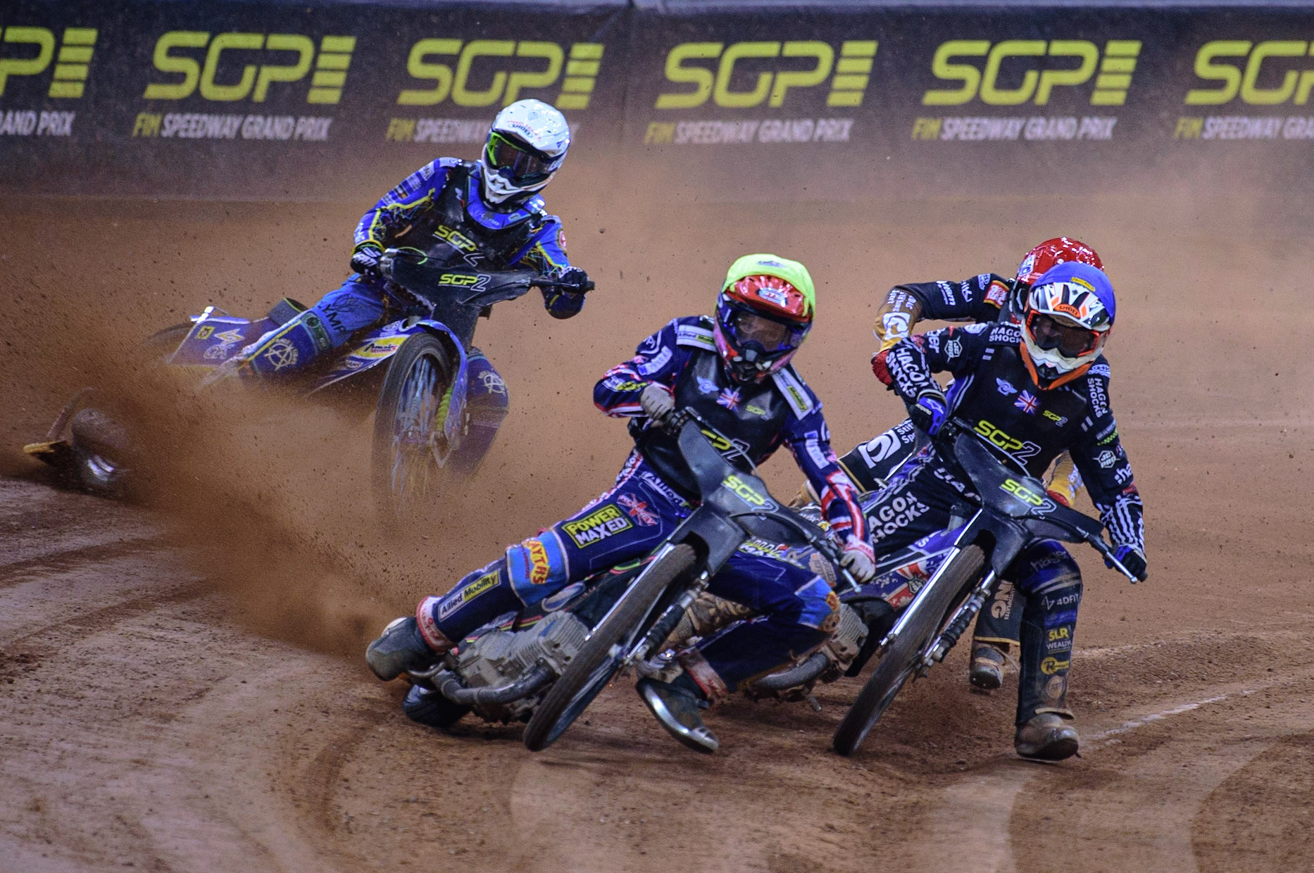 Leon Flint (Great Britain)  (Yellow) leads Jason Edwards (Great Britain) (Blue) Norick Blodorn (Germany)  (Red) and Petr Chlupac (Czech Republic)  (White) during the FIM  Speedway Grand Prix  2 of Great Britain at the Principality Stadium, Cardiff on Sunday 14th August 2022. (Credit: Ian Charles | MI News)