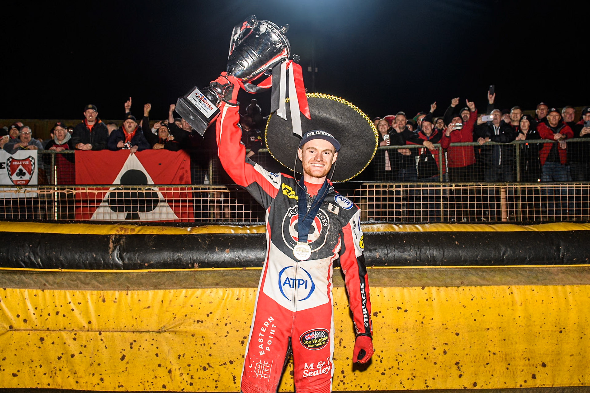 Belle Vue Aces' Brady Kurtz celebrates during the Rowe Motor Oil Premiership Grand Final 2nd Leg between Leicester Lions and Belle Vue Aces at the Pidcock Motorcycles Arena, Leicester on Thursday 26th September 2024. (Photo: Ian Charles | MI News)