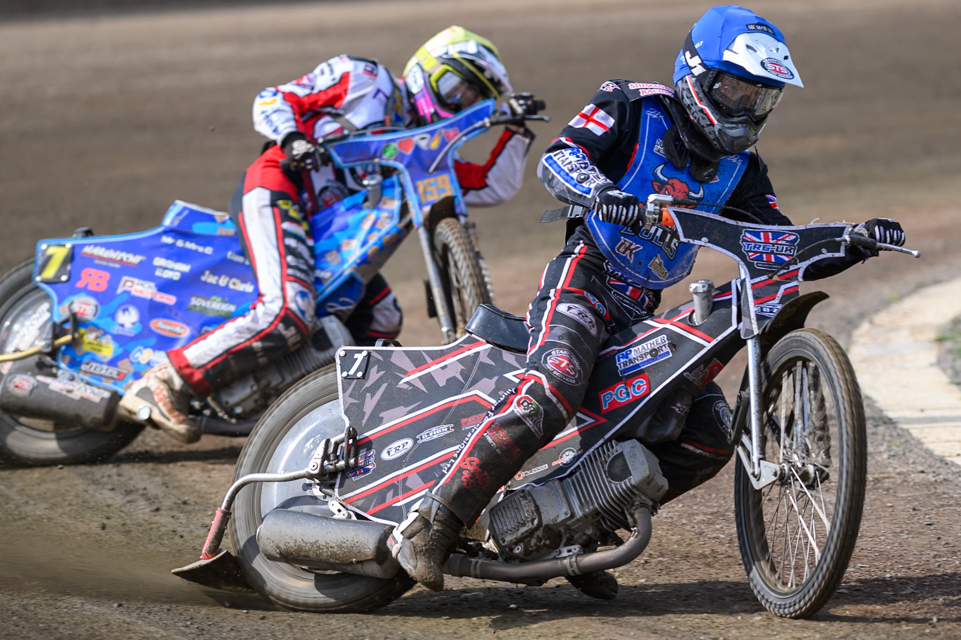 Jack Shimelt of Buxton Bulls in Blue leading Stene Pijper of Middlesborough Tigers in Yellow during the WSRA National Development League match  between Buxton Bulls and Middlesborough Tigers at Hi-Edge Speedway, Buxton on Sunday 16th August 2026. (Photo: Ian Charles | MI News)