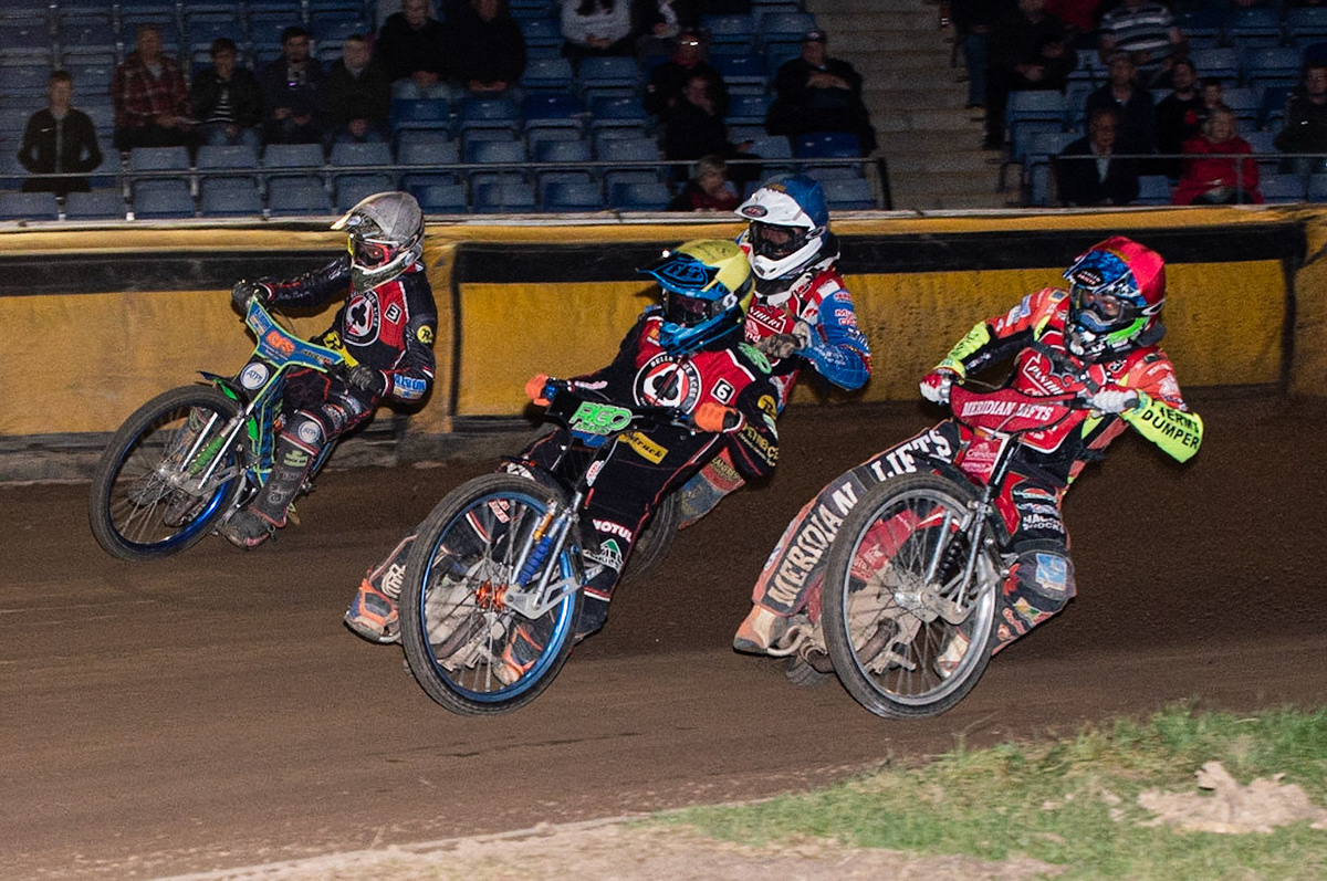 Photo by Ian Charles:

Dimitri Bergé  (Yellow) leads Hans Andersen  (Red) Dan Bewley  (White) and Simon Lambert (Yellow)

Peterborough Panthers v Belle Vue Aces, British Speedway Premiership, Thursday, 5, September, 2019