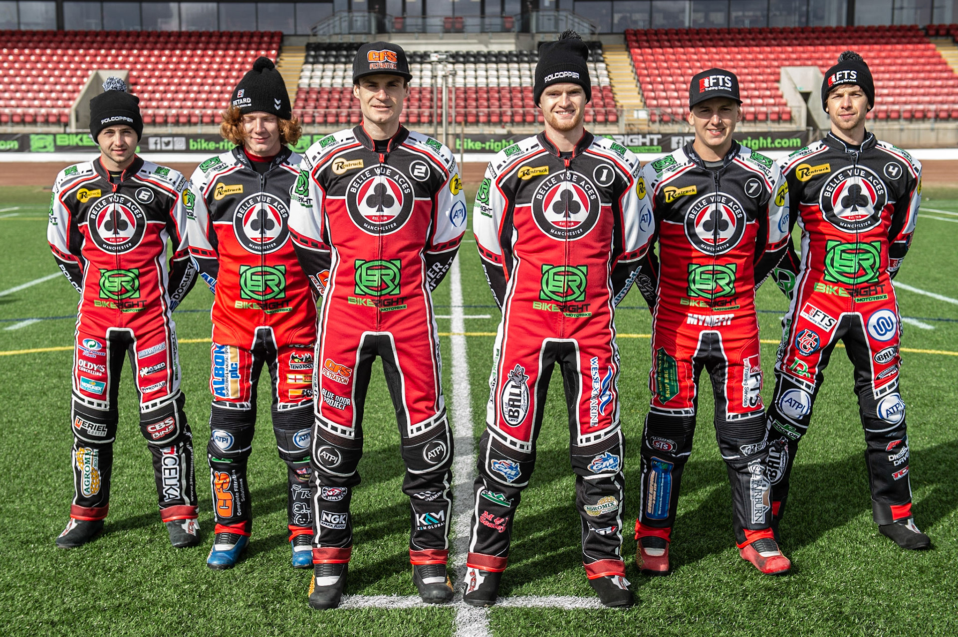 MANCHESTER, ENGLAND  - March 12  Belle Vue Aces (l-r) Jaimon Lidsey, Dan Bewley, Steve Worrall, Brady Kurtz, Jye Etheridge, Charles Wright  during The Belle Vue Speedway Media Day, at The National Speedway Stadium, Manchester, on Thursday 12 March 2020. (Credit: Ian Charles | MI News)