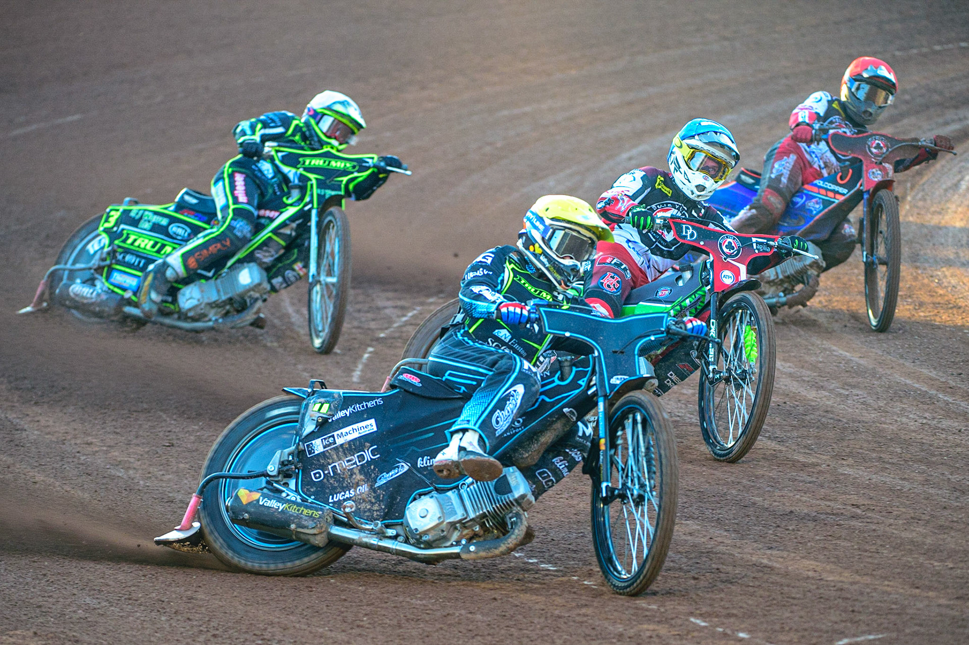 Rohan Tungate (Yellow) leads Charles Wright  (Blue) Danny King  (White) and Brady Kurtz  (Red) during the SGB Premiership match between Belle Vue Aces and Ipswich Witches at the National Speedway Stadium, Manchester on Monday 8th August 2022. (Credit: Ian Charles | MI News)