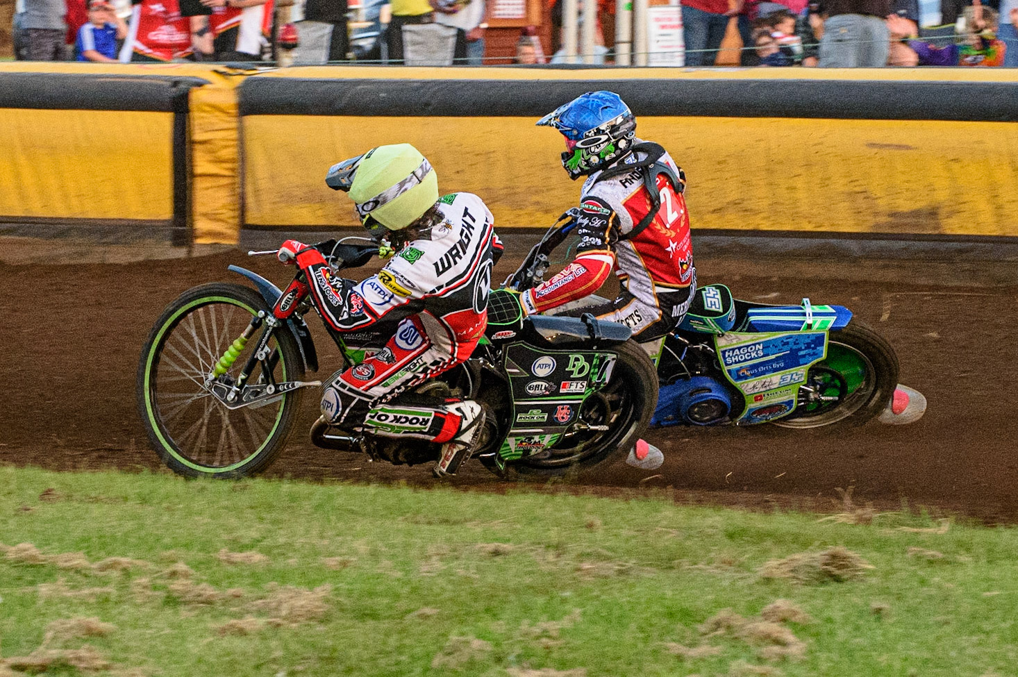 PETERBOROUGH, UK. JULY 19TH   Charles Wright  (Yellow) forces his way past Hans Andersen (Blue) to help the Aces to a Maximum Points heat win during the SGB Premiership match between Peterborough and Belle Vue Aces at East of England Showground, Peterborough on Monday 19th July 2021. (Credit: Ian Charles | MI News)