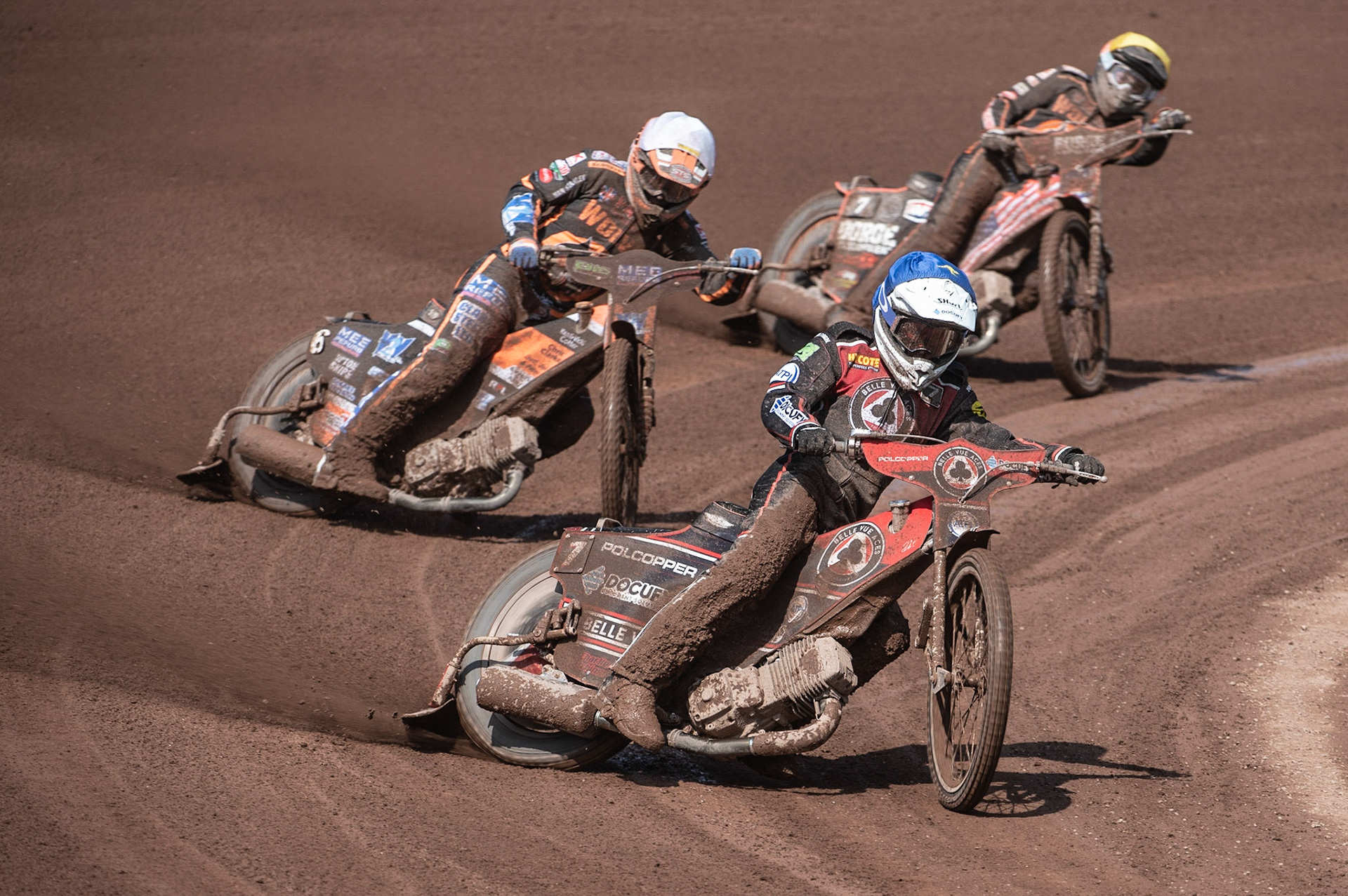 Photo by Ian Charles:

Jaimon Lidsey (Blue) leads Ashley Morris  (White) and Luke Becker  (Yellow)

Belle Vue Aces v Wolverhampton Wolves, National Speedway Stadium, Manchester, Monday, 22, April, 2019