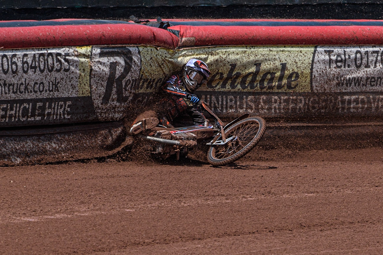 Zach Cook slides off during the Sports Insure Premiership match between Belle Vue Aces and Wolverhampton Wolves at the National Speedway Stadium, Manchester on Monday 29th May 2023. (Photo: Ian Charles | MI News)