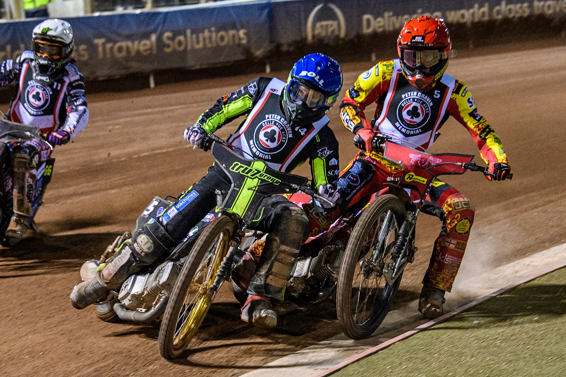 Australia's Jason Doyle (Blue) battles with Australia's Max Fricke (Red) during the Peter Craven Memorial Trophy meeting at the National Speedway Stadium, Manchester on Monday 18th March 2024. (Photo: Ian Charles | MI News)