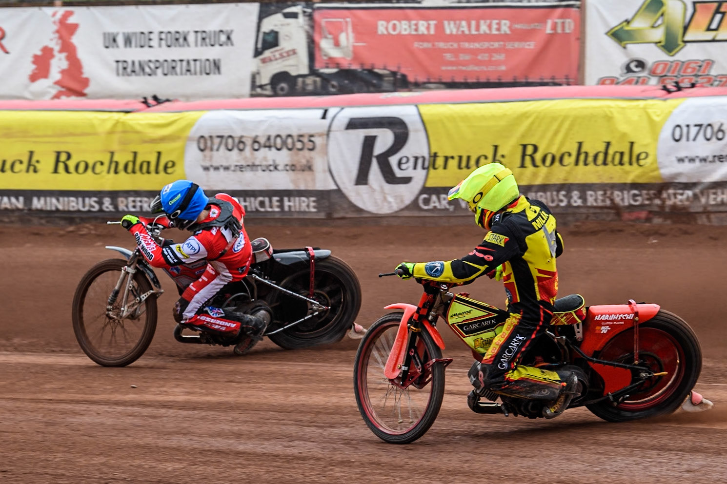 Birmingham Brummies' Vaclav Milik  in Yellow chases Belle Vue Aces' Connor Bailey  in Blue during the Rowe Motor Oil Premiership match between Belle Vue Aces and Birmingham Brummies at the National Speedway Stadium, Manchester on Monday 6th May 2024. (Photo: Ian Charles | MI News)