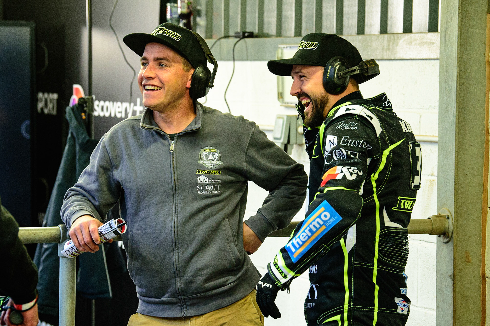 MANCHESTER, UK. JUN 6TH  Richie Hawkins  (left) with Danny King  during the SGB Premiership match between Belle Vue Aces and Ipswich Witches at the National Speedway Stadium, Manchester on Monday 6th June 2022. (Credit: Ian Charles | MI News)