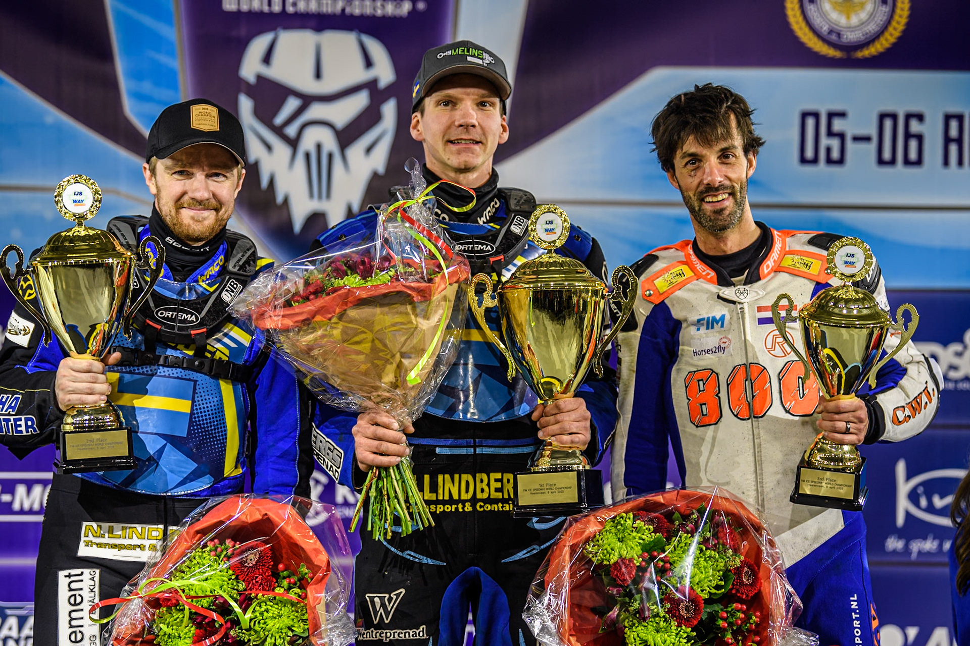 Sundays Top 3: (L to R) Martin Haarahiltunen (2nd), Niclas Svensson (Winner) Jasper Iwema (3rd) during the FIM Ice Speedway Gladiators World Championship, Final 4 at the Ice Stadium, Thialf, Heerenveen on Sunday 6th April 2025. (Photo: Ian Charles | MI News)
