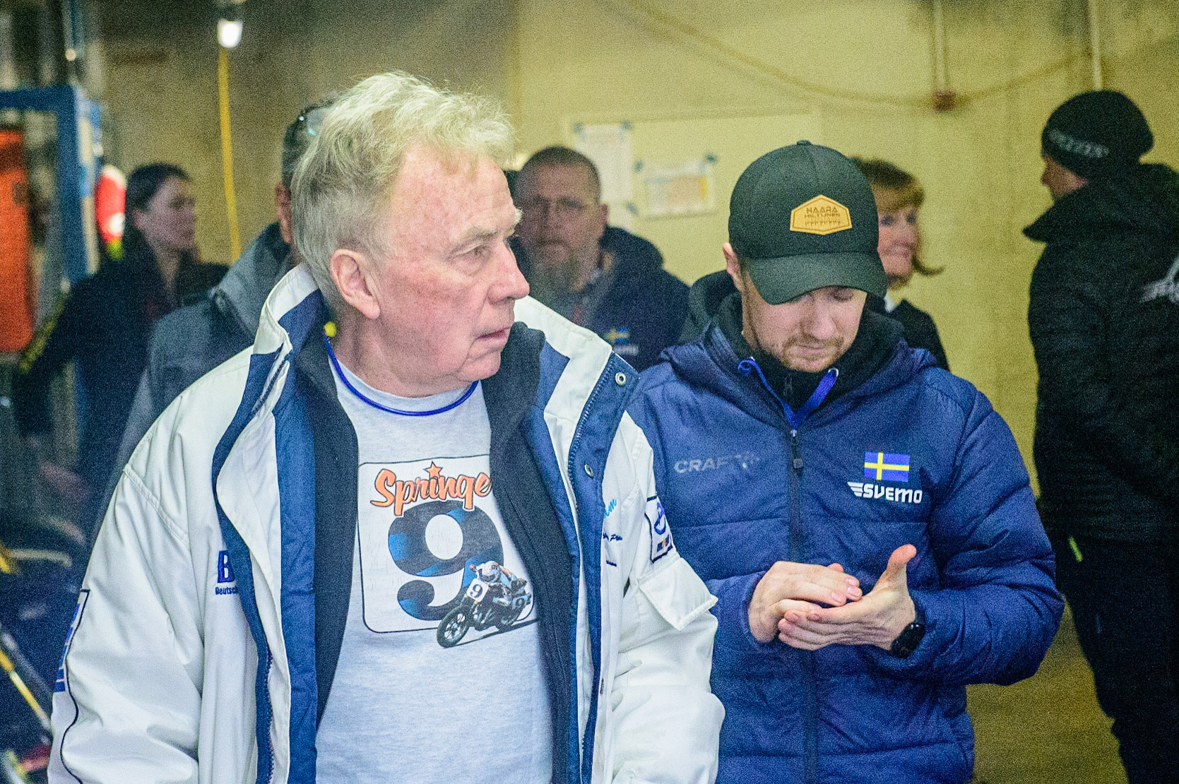 Per-Olof Serenius (left) with Martin Haarahiltunen during the Ice Speedway Gladiators World Championship Final 2 at Max-Aicher-Arena, Inzell, Germany on Sunday 19th March 2023. (Photo: Ian Charles | MI News)