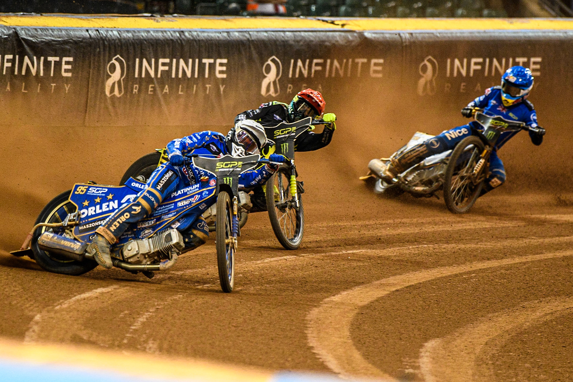 Bartosz Zmarzlik (95) (White) leads  Martin Vaculik (54) (Red) and Robert Lambert (505) (Blue) during the FIM Speedway Grand Prix of Great Britain at the Principality Stadium, Cardiff on Saturday 2nd September 2023. (Photo: Ian Charles | MI News)