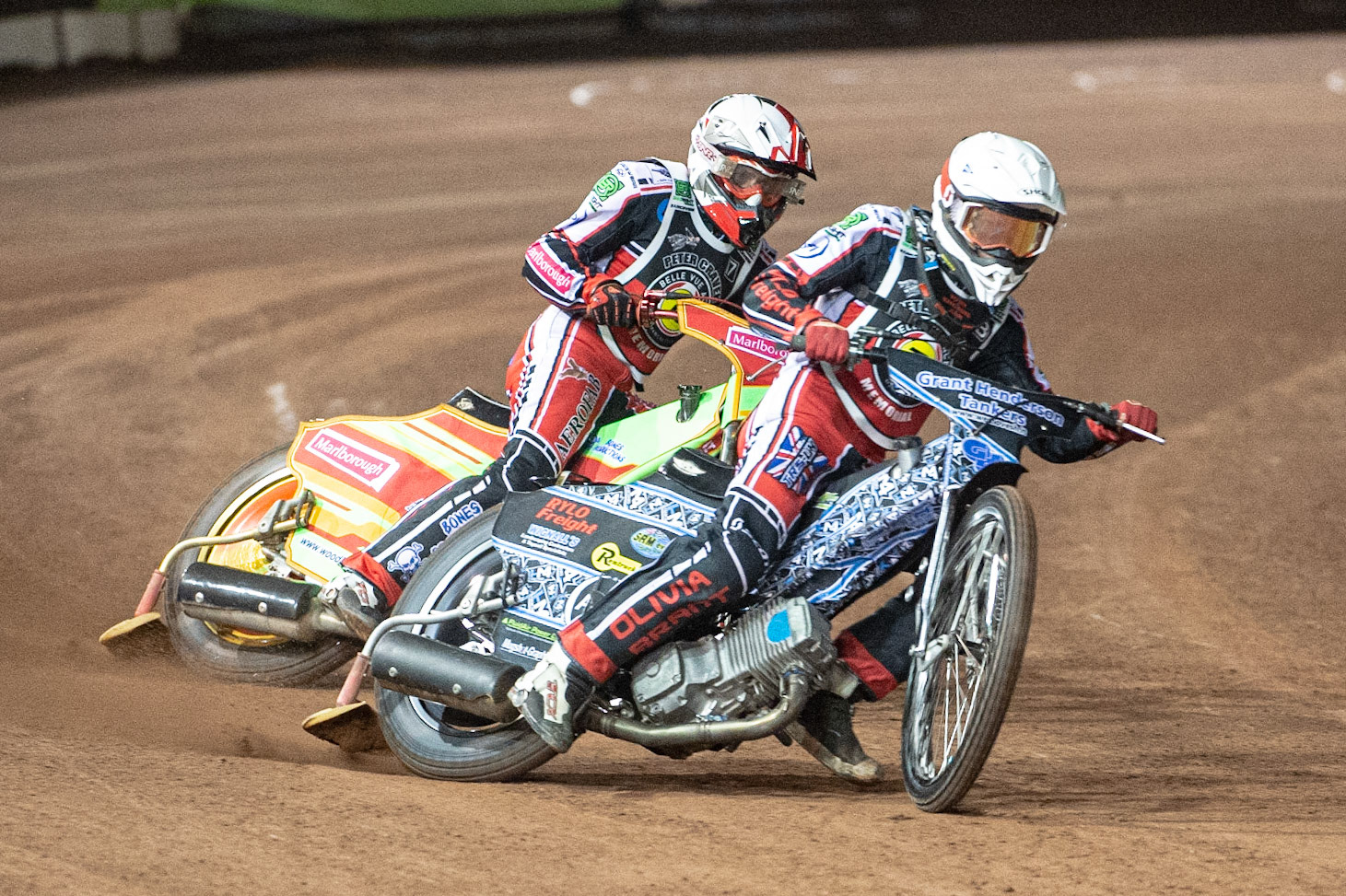 Photo: Ian CharlesThe reserves have a match race as Harry McGurk leads Ben WoodhullPeter Craven Memorial Trophy, National Speedway Stadium, Manchester Thursday  22  October  2020