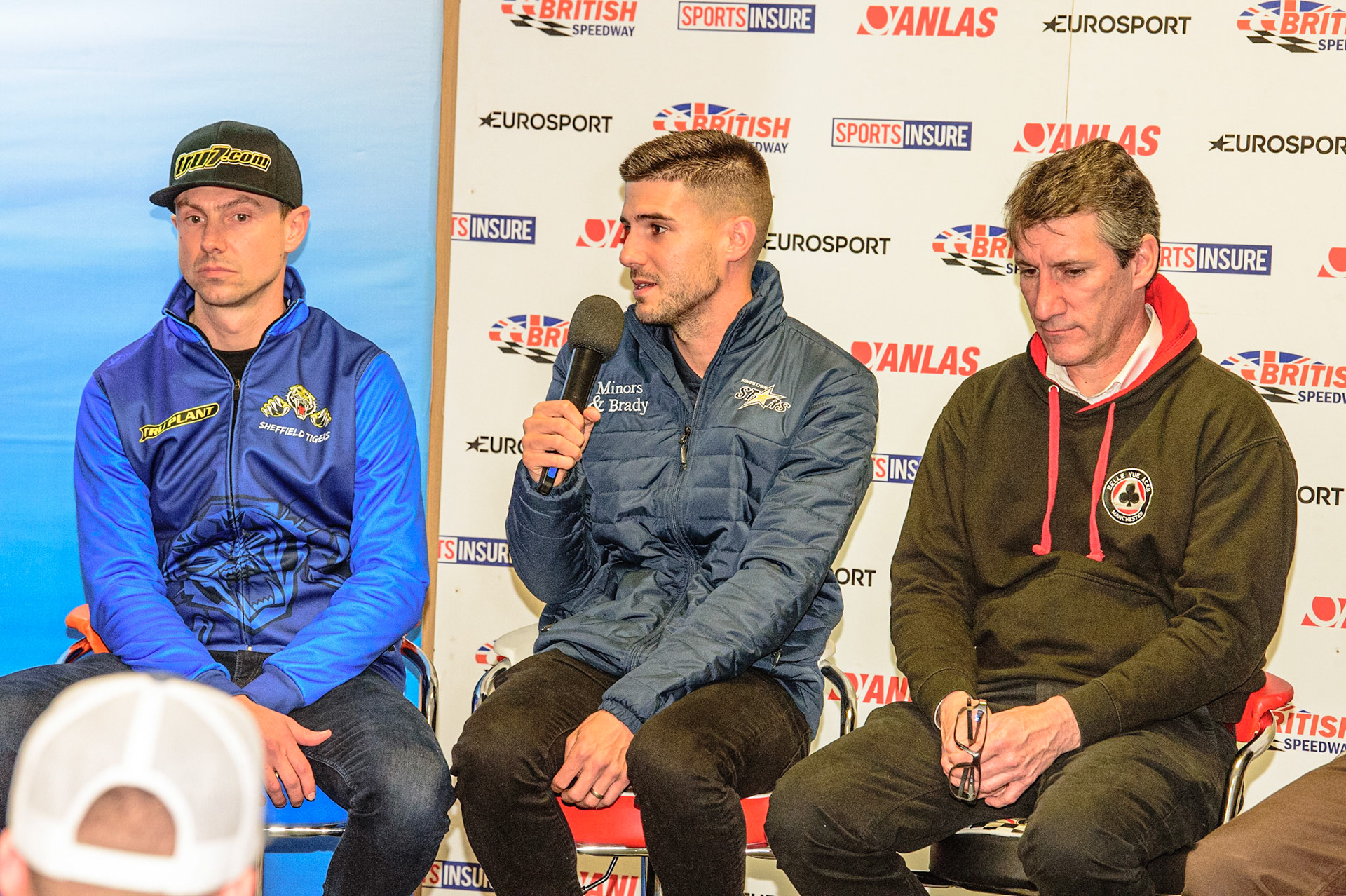 MANCHESTER, UK. APRIL 12TH: (l-r) Simon Stead, manager of Sheffield Tigers, Alex Brady, Manager of Kings Lynn Stars) and Mark Lemon (Manager of Belle Vue Aces) at the Discovery Networks Eurosport Speedway Season Launch at the National Speedway Stadium, Manchester on Tuesday 12th April 2022 (Credit: Ian Charles | MI News)