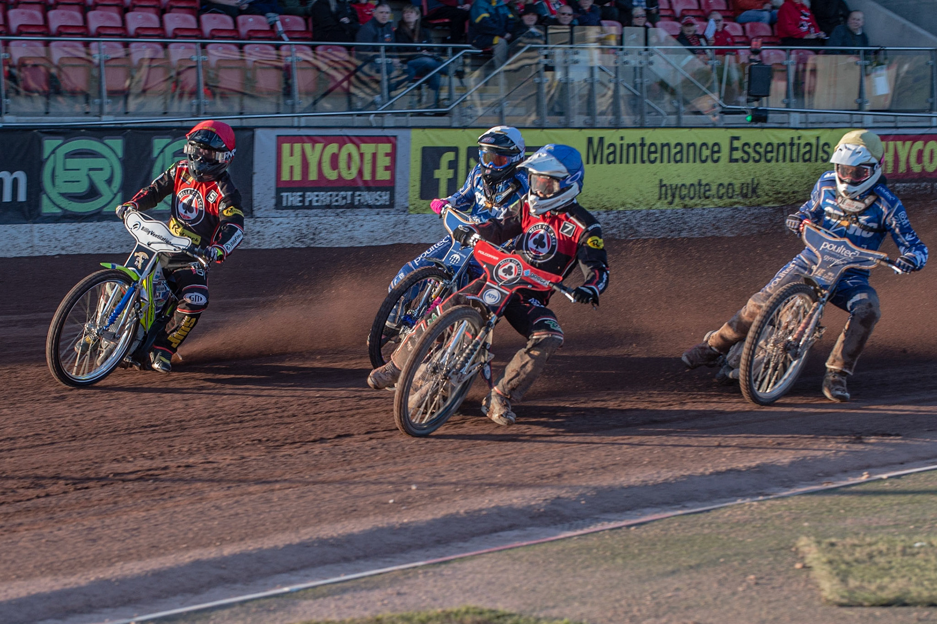 Photo: Ian Charles

​Jaimon Lidsey​  (Blue) and ​Kenneth Bjerre​​ (Red) lead Kasper Andersen (Yellow) and Thomas Jorgensen  (White)

Belle Vue Aces v Kings Lynn Stars, British Speedway Premiership, Belle Vue National Speedway Stadium, Manchester, Thursday 16  May  2019