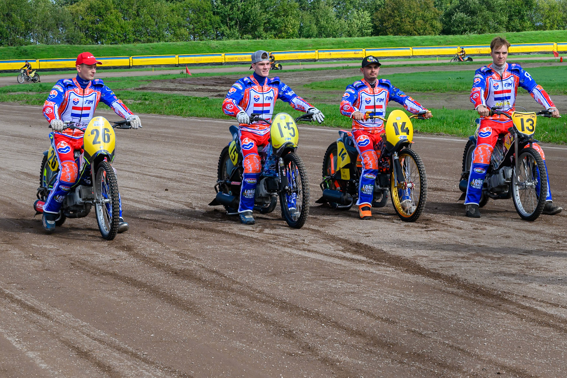 Team Netherlands: (L to R) William Kruit (26), Dave Meijerink (15), Romano Hummel (14), and Mika Meijer (13) during the FIM Long Track of Nations 2026 at the Speed Centre Roden in the Netherlands on Sunday 20th September 2026. (Photo: Ian Charles | MI News)