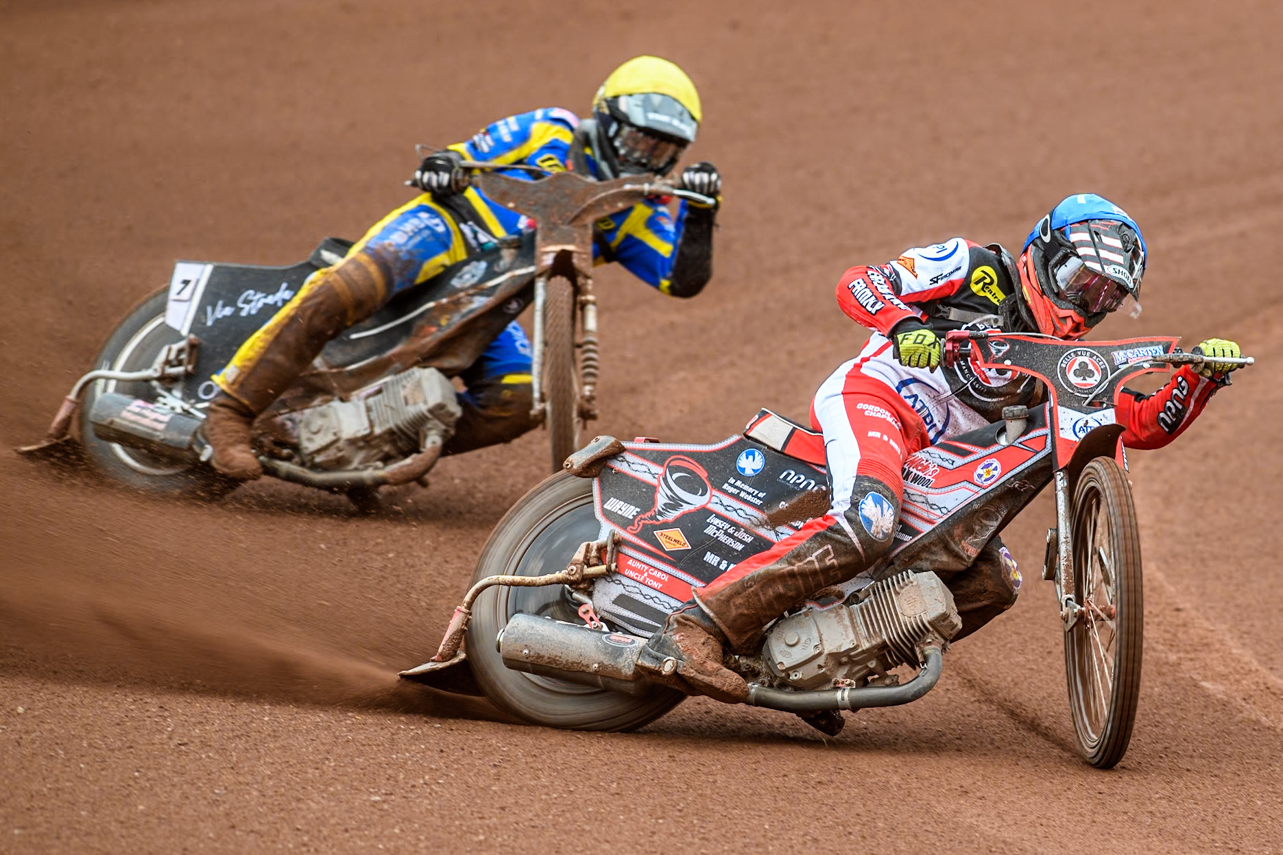 Belle Vue ATPI Aces Connor Bailey  (Blue) leads  Sheffield Tigers' Dan Gilkes (Yellow) during the Rowe Motor Oil Premiership KO Cup Quarter Final 1st Leg between Belle Vue Aces and Sheffield Tigers at the National Speedway Stadium, Manchester on Monday 1st April 2024. (Photo: Ian Charles | MI News)