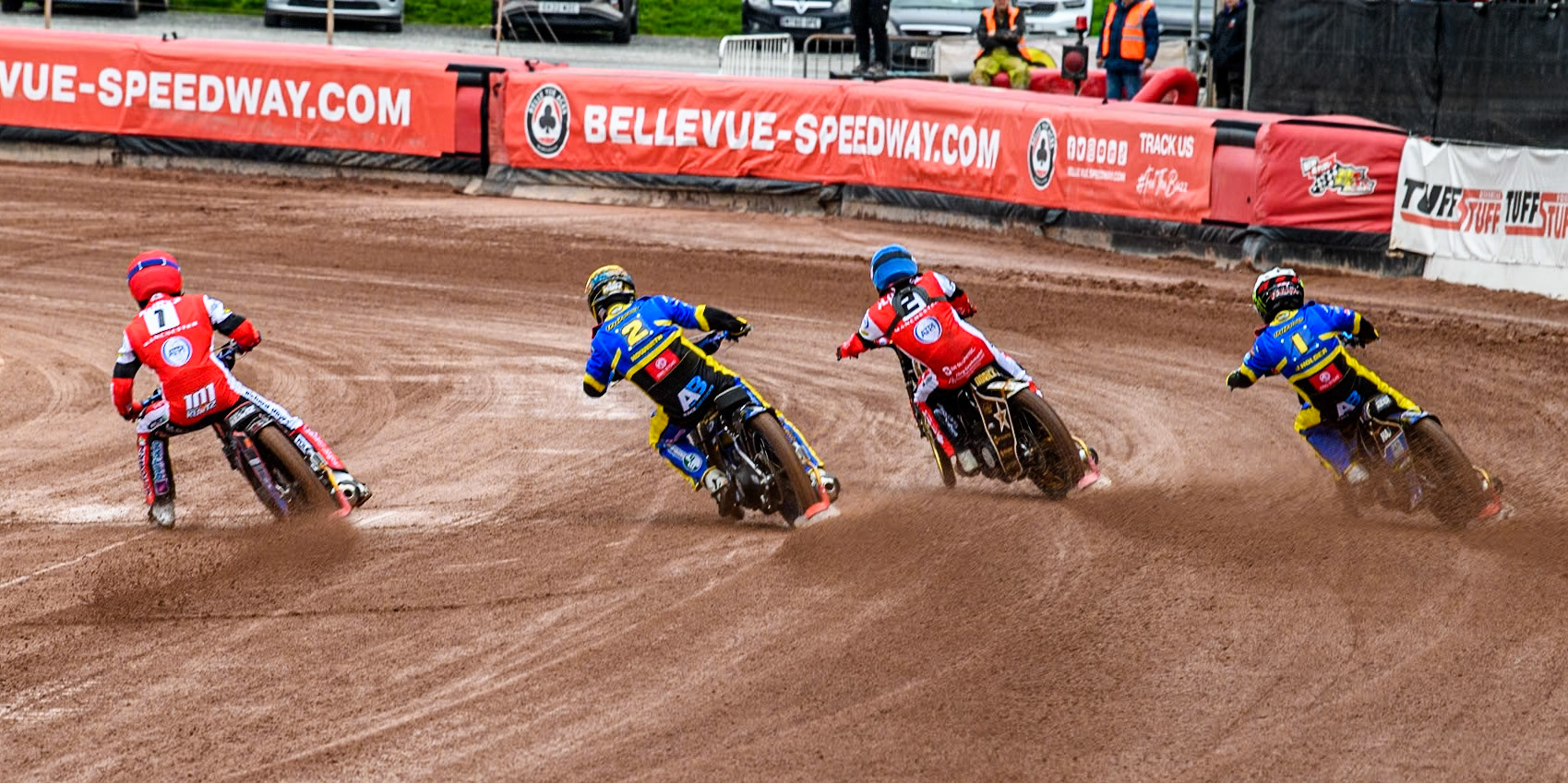 (L to R) Belle Vue ATPI Aces Brady Kurtz (Red), Sheffield Tigers' Kyle Howarth (Yellow), Belle Vue ATPI Aces Norick Blodorn (Blue) Sheffield Tigers' Jack Holder (White) during the Rowe Motor Oil Premiership KO Cup Quarter Final 1st Leg between Belle Vue Aces and Sheffield Tigers at the National Speedway Stadium, Manchester on Monday 1st April 2024. (Photo: Ian Charles | MI News)