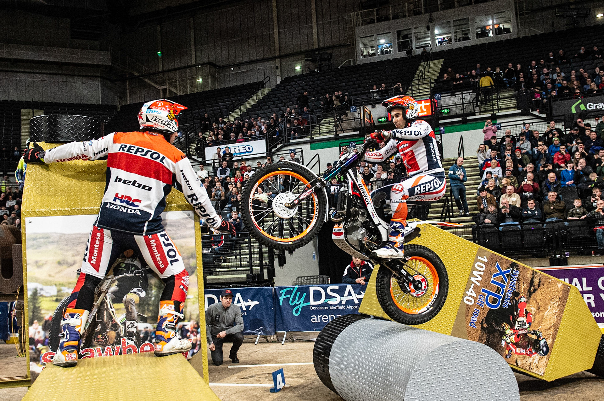 SHEFFIELD, ENGLAND  - DECEMBER 28TH  Tony Bou, Spain (Montessa) strubggles to bridge the gap on section 3  during the 25th Anniversary Sheffield Indoor Trial at the FlyDSA Arena, Sheffield on Saturday 28th December 2019. (Credit: Ian Charles | MI News)