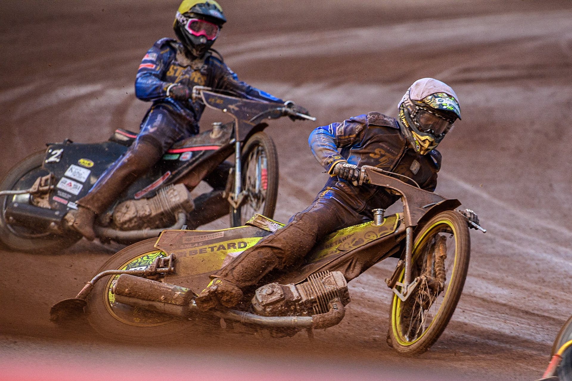Artem Laguta (White) ahead of Thomas Jorgensen (Yellow) during the Sports Insure Premiership match between Belle Vue Aces and King's Lynn Stars at the National Speedway Stadium, Manchester on Monday 12th June 2023. (Photo: Ian Charles | MI News)