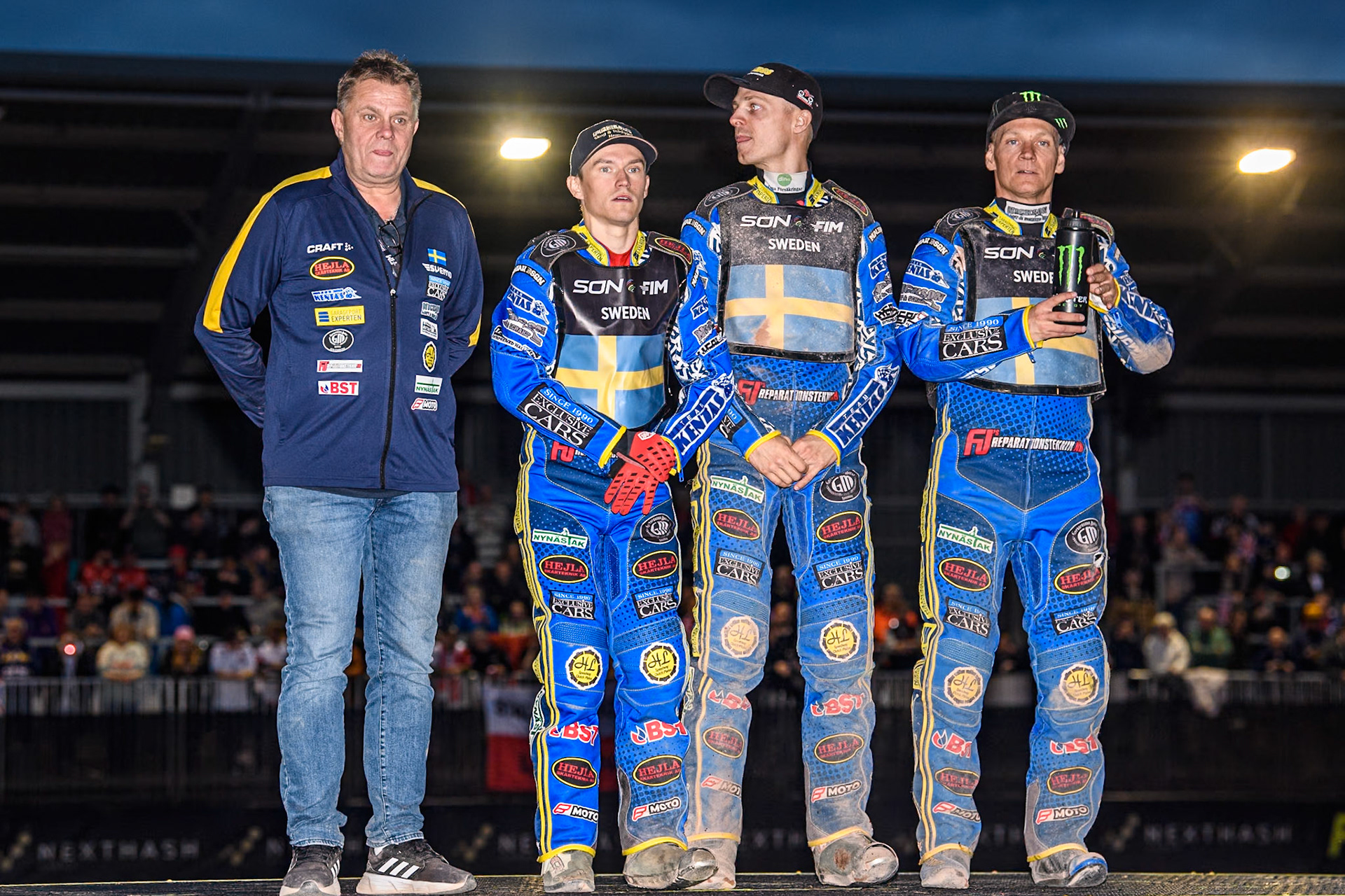SWEDEN - 3rd place: (L to R) Swedish Team manager, Morgan Andersson, Oliver Berntzon, Jacob Thorssell and Fredrik Lindgren during the Monster Energy FIM Speedway of Nation Final at the National Speedway Stadium, Manchester on Saturday 13th July 2024. (Photo: Ian Charles | MI News)