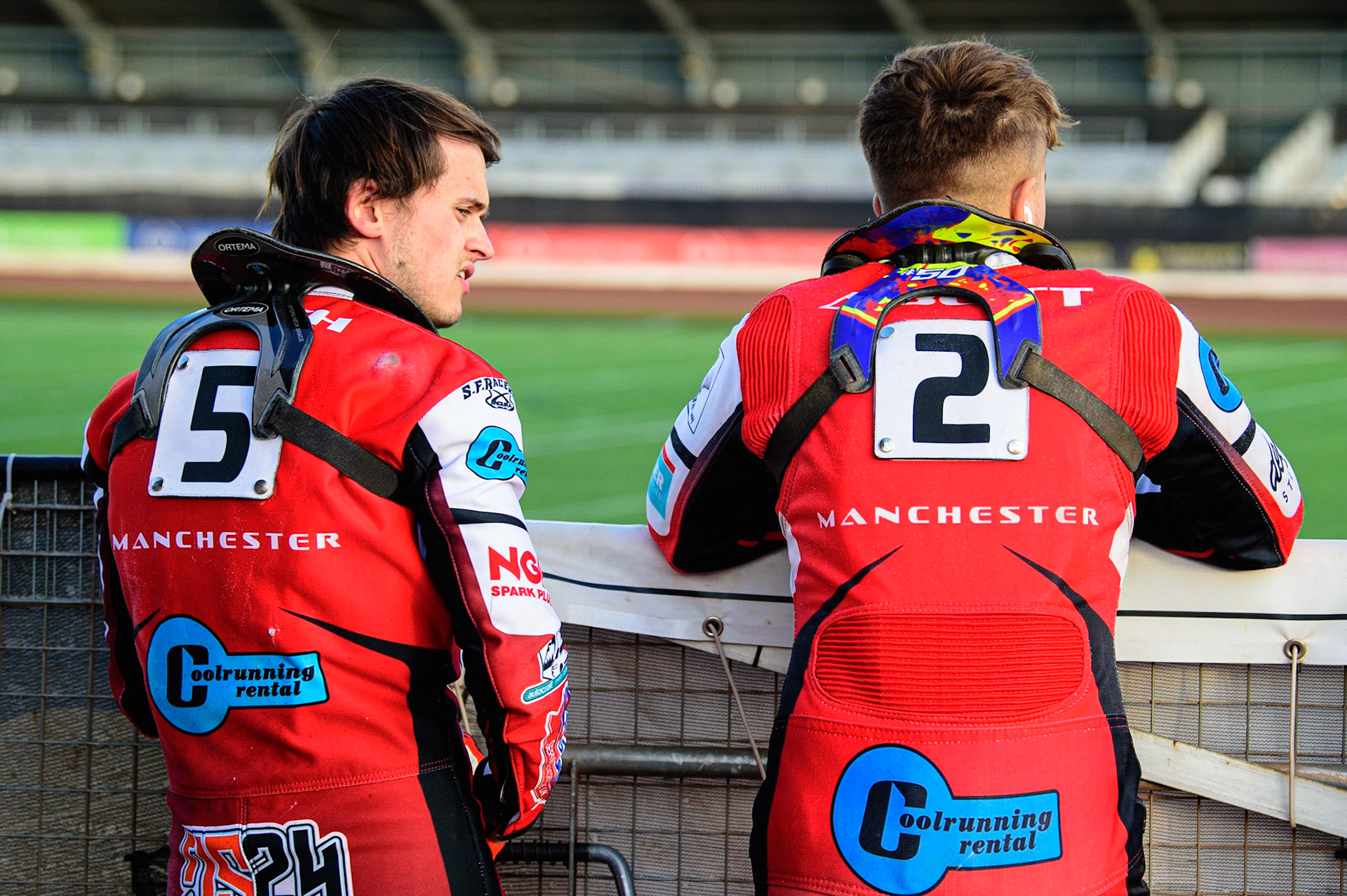 Jack Smith  (left) with Nathan Ablitt during the National Development League match between Belle Vue Aces and Leicester Lions at the National Speedway Stadium, Manchester on Friday 19th August 2022. (Credit: Ian Charles | MI News)