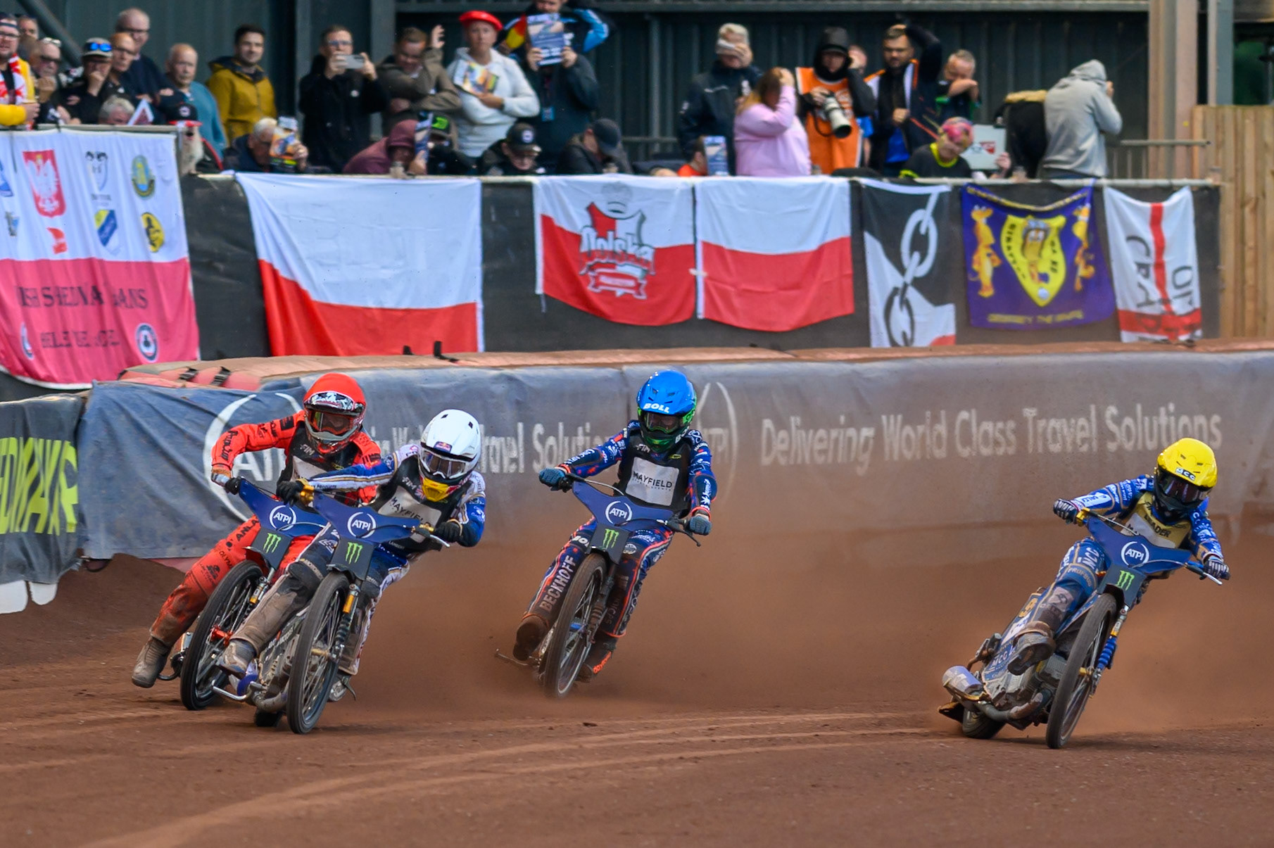Robert Lambert (505) of Great Britain in White leading Jan Kvech (201) of Czech Republic in Red, Brady Kurtz (101) of Australia in Blue and Bartosz Zmarzlik (95) of Poland in Yellow during the ATPI  FIM Speedway GP of Manchester at the National Speedway Stadium, Manchester on Friday 5th June 2026. (Photo: Ian Charles | MI News)
