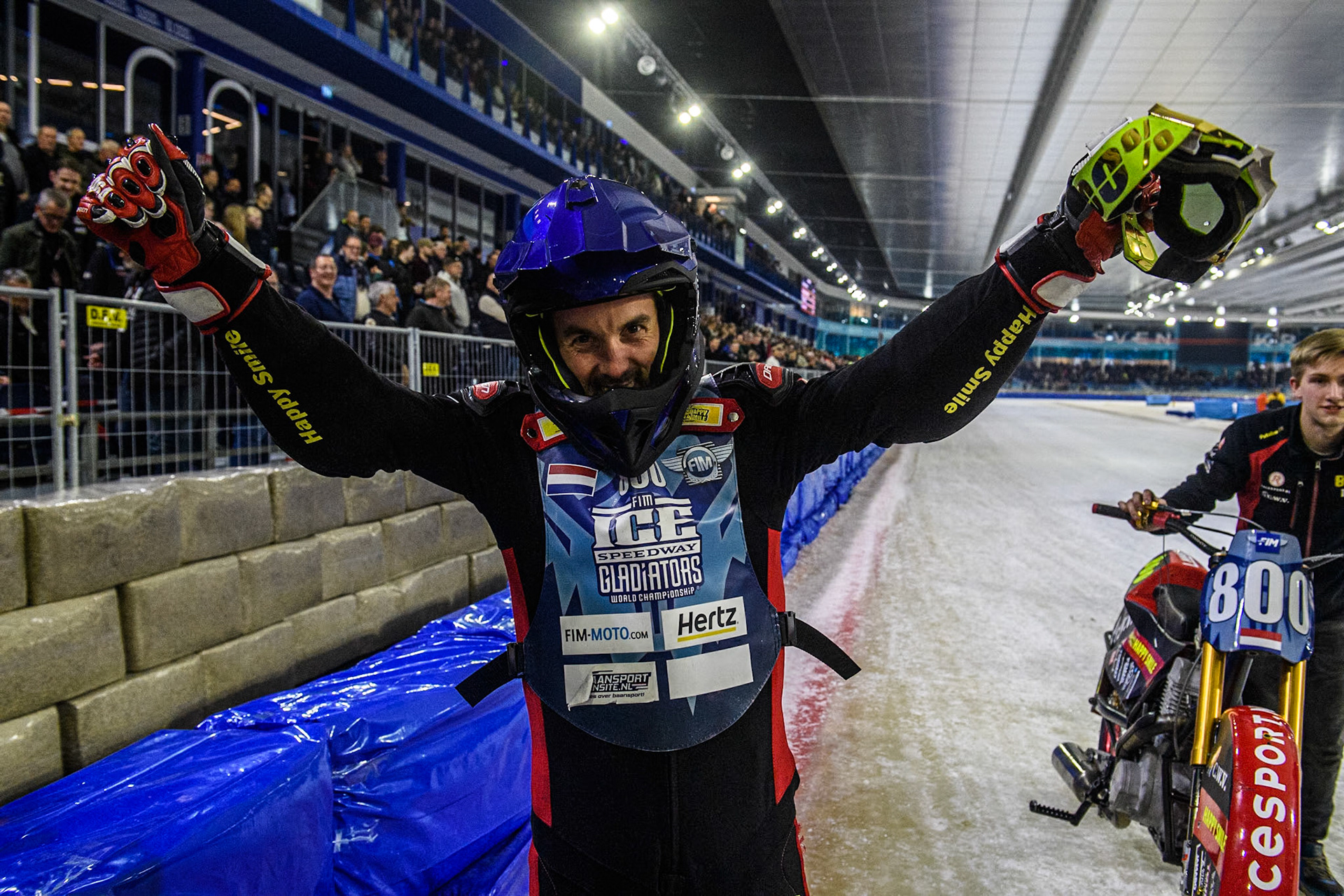 \rt16 celebrates his win during the Roelof Thijs Bokaal at Ice Rink Thialf, Heerenveen, The Netherlands on Friday 5th April 2024. (Photo: Ian Charles | MI News)