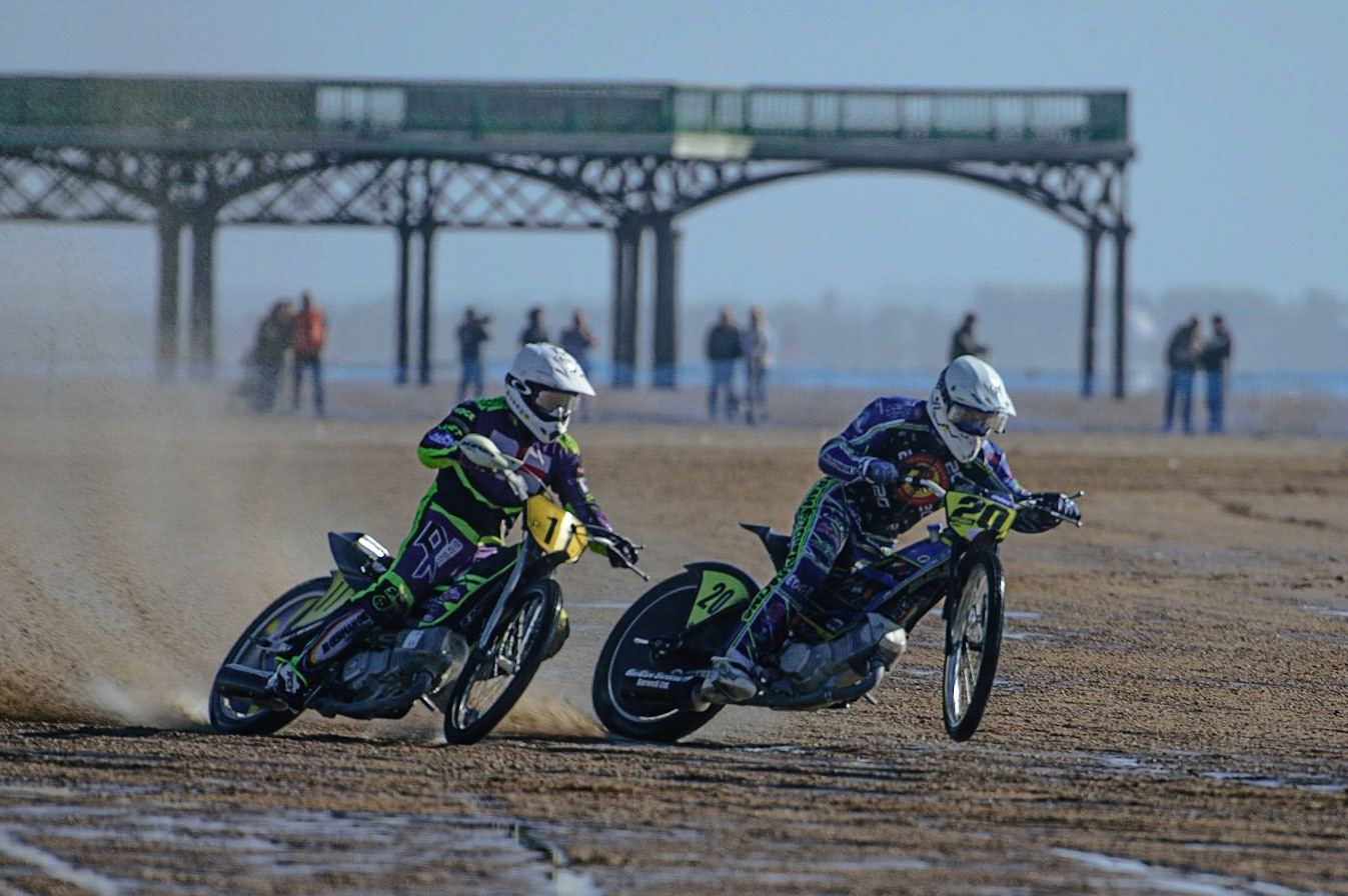 Paul Cooper (11) battles with Aaron Butcher (20) during the Fylde ACU British Sand Racing Masters Championship on  Sunday 2nd October 2022. (Credit: Ian Charles | MI News)