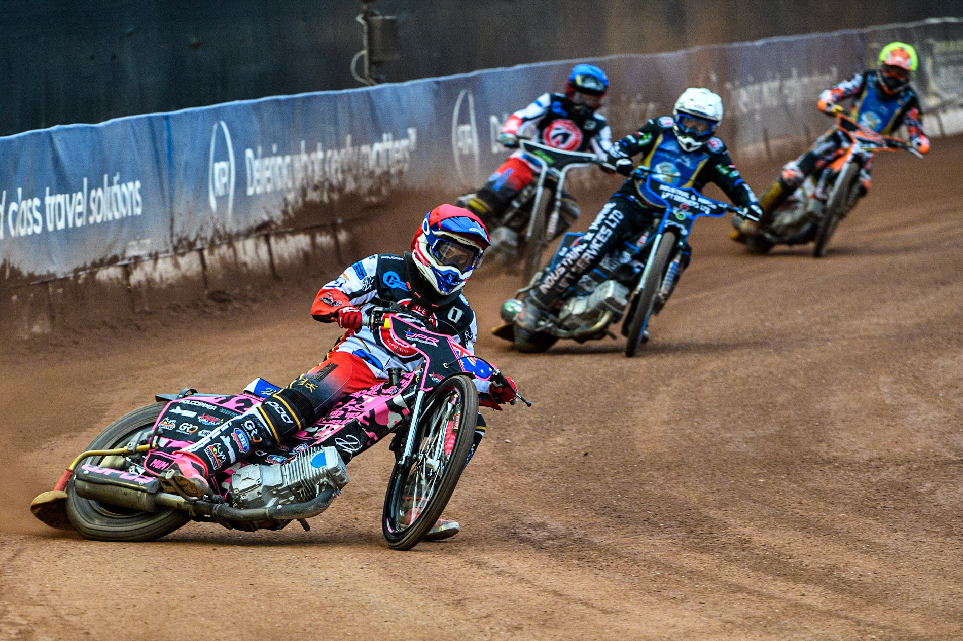 James Pearson (Red) leads Max Clegg (White) Matt Marson (Blue) and Mickie Simpson (Yellow) during the National Development League match between Belle Vue Colts and Edinburgh Monarchs Academy at the National Speedway Stadium, Manchester on Friday 21st July 2023. (Photo: Ian Charles | MI News)