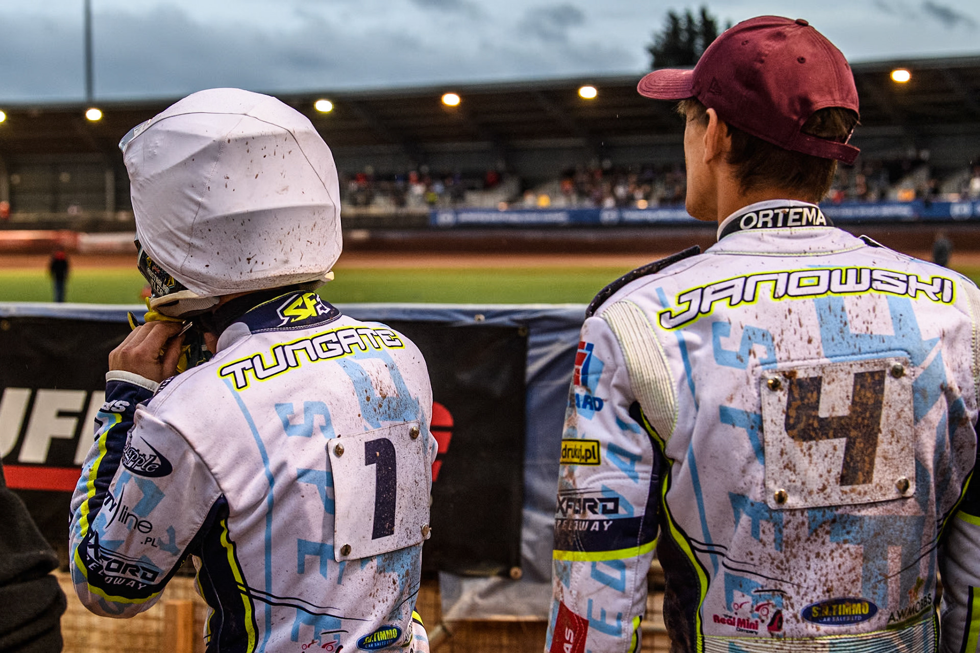 Oxford Spires' Rohan Tungate (Left) and Oxford Spires' Maciej Janowski watch the racing during the Rowe Motor Oil Premiership match between Belle Vue Aces and Oxford Spires at the National Speedway Stadium, Manchester on Monday 13th May 2024. (Photo: Ian Charles | MI News)