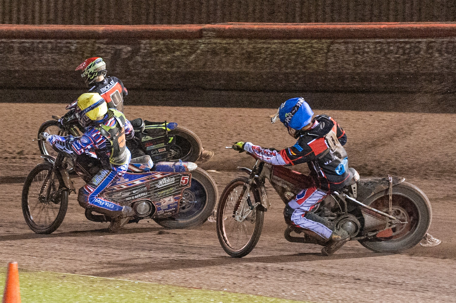 Photo: Ian Charles

Henry Atkins  (Yellow) splits the Belle Vue Colts duo of Kyle Bickley  (Red) and Connor Bailey  (Blue)

Belle Vue Colts v Mildenhall Fen Tigers, National League, Belle Vue National Speedway Stadium, Manchester, Monday 2  September  2019