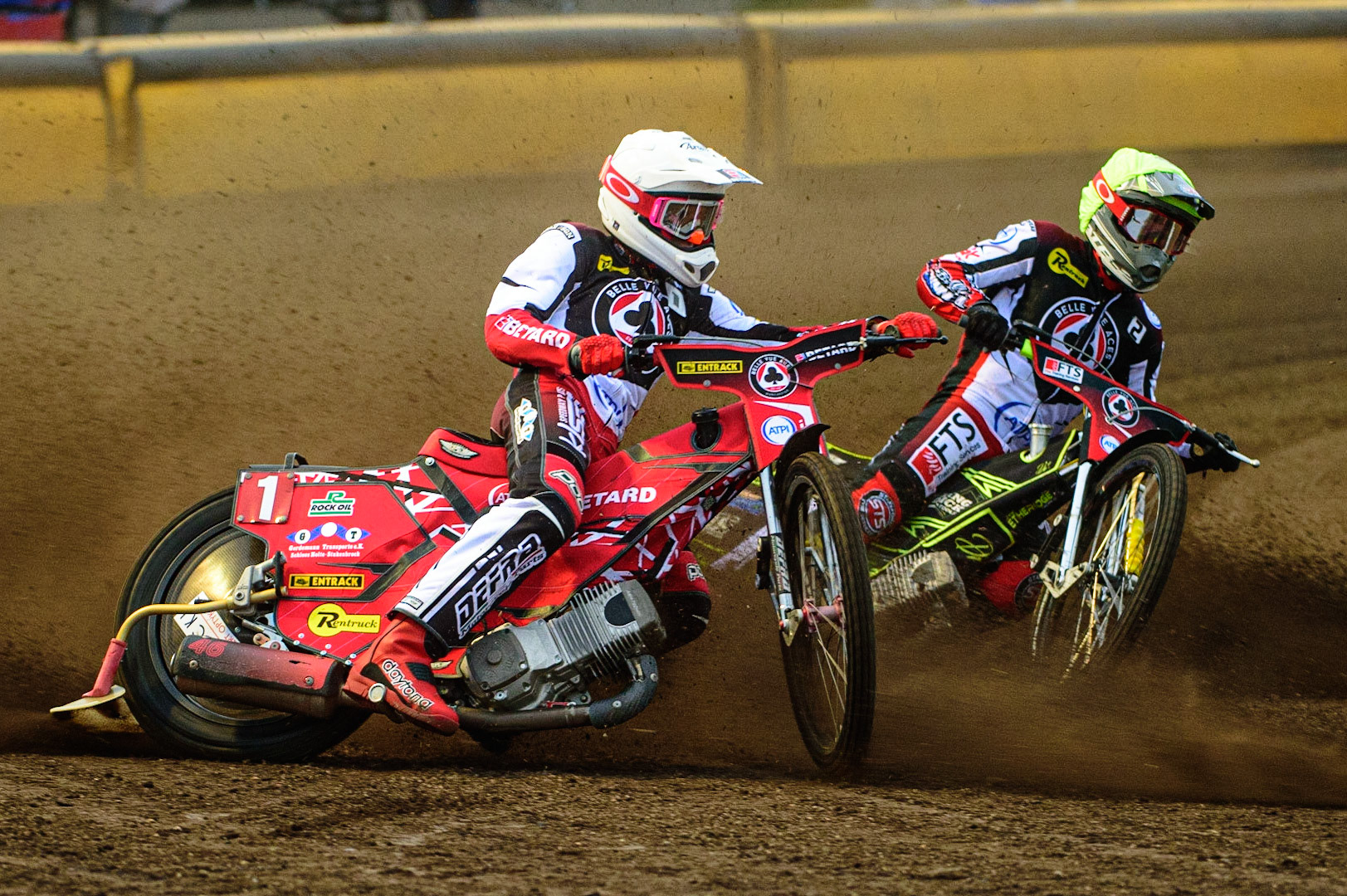 PETERBOROUGH, UK. MAY 9TH  Max Fricke  (White) outside Jye Etheridge (Yellow) during the SGB Premiership match between Peterborough Panthers and Belle Vue Aces at East of England Showground, Peterborough on Monday 9th May 2022. (Credit: Ian Charles | MI News)