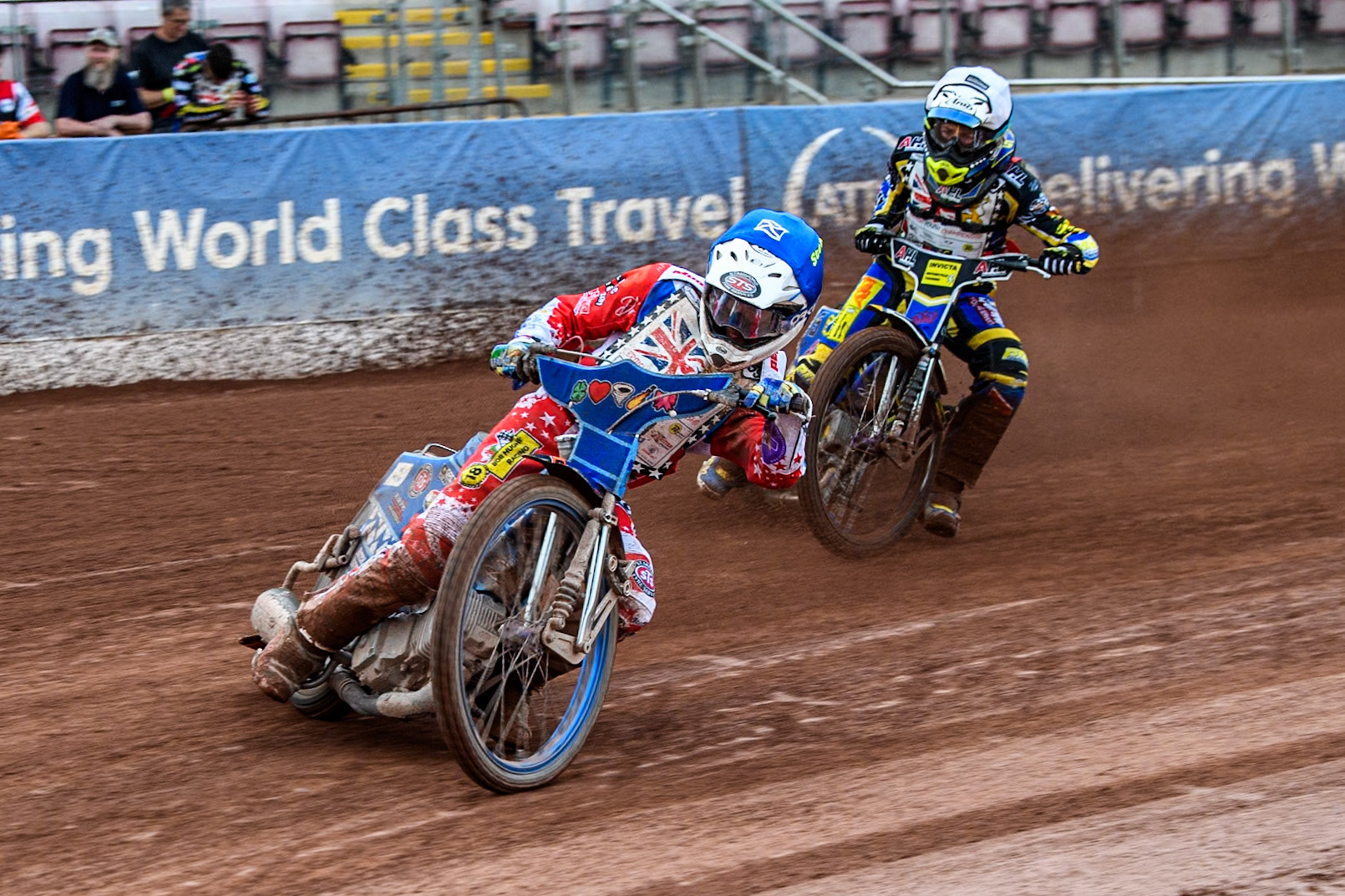 Stene Pijper (500cc)  in Blue leading Jamie Etherington (500cc)  in White during the British Youth 500cc Championships at the National Speedway Stadium, Manchester on Friday 2nd August 2024. (Photo: Ian Charles | MI News)