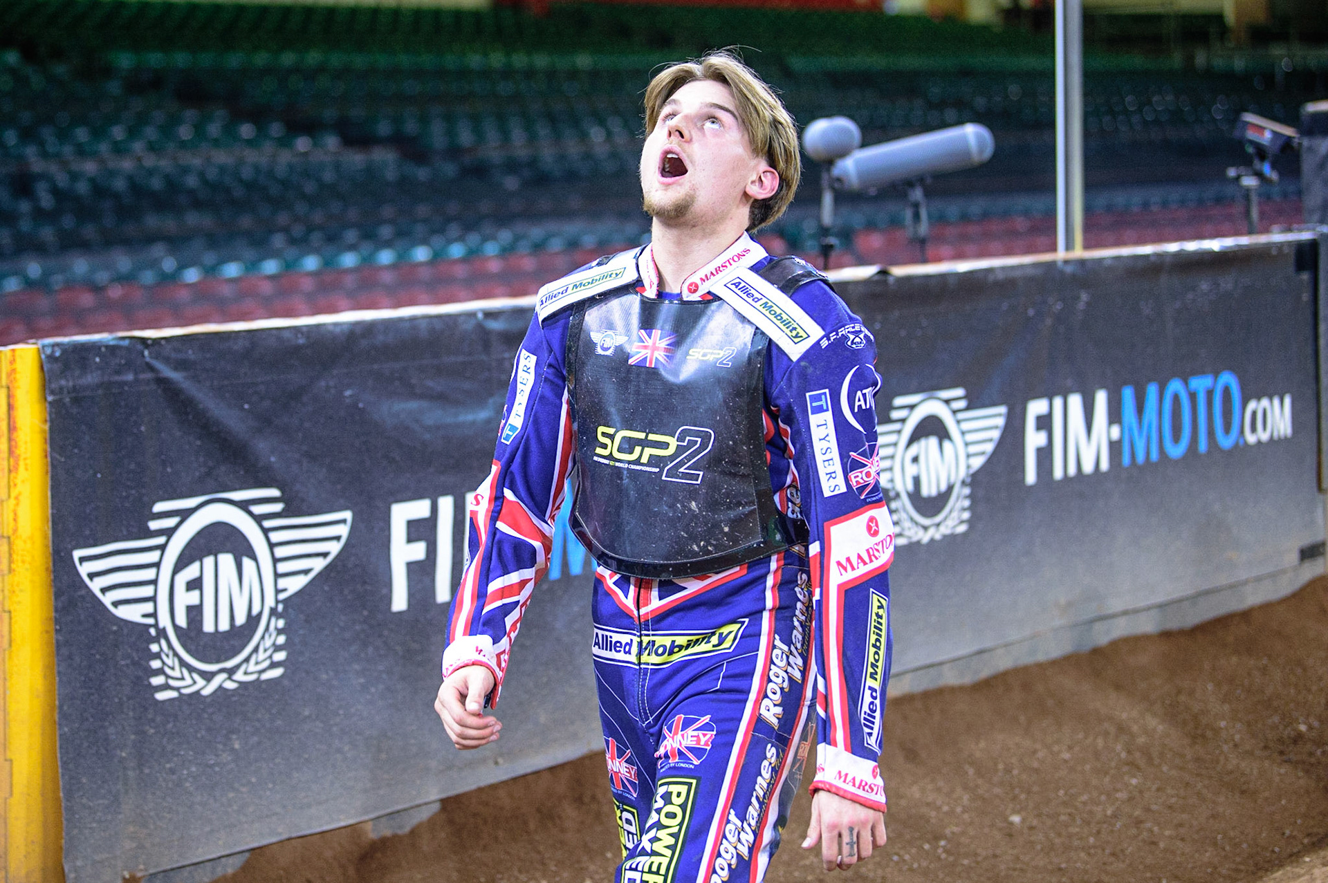 Leon Flint (Great Britain)  on his lap for the fans during the FIM  Speedway Grand Prix  2 of Great Britain at the Principality Stadium, Cardiff on Sunday 14th August 2022. (Credit: Ian Charles | MI News)
