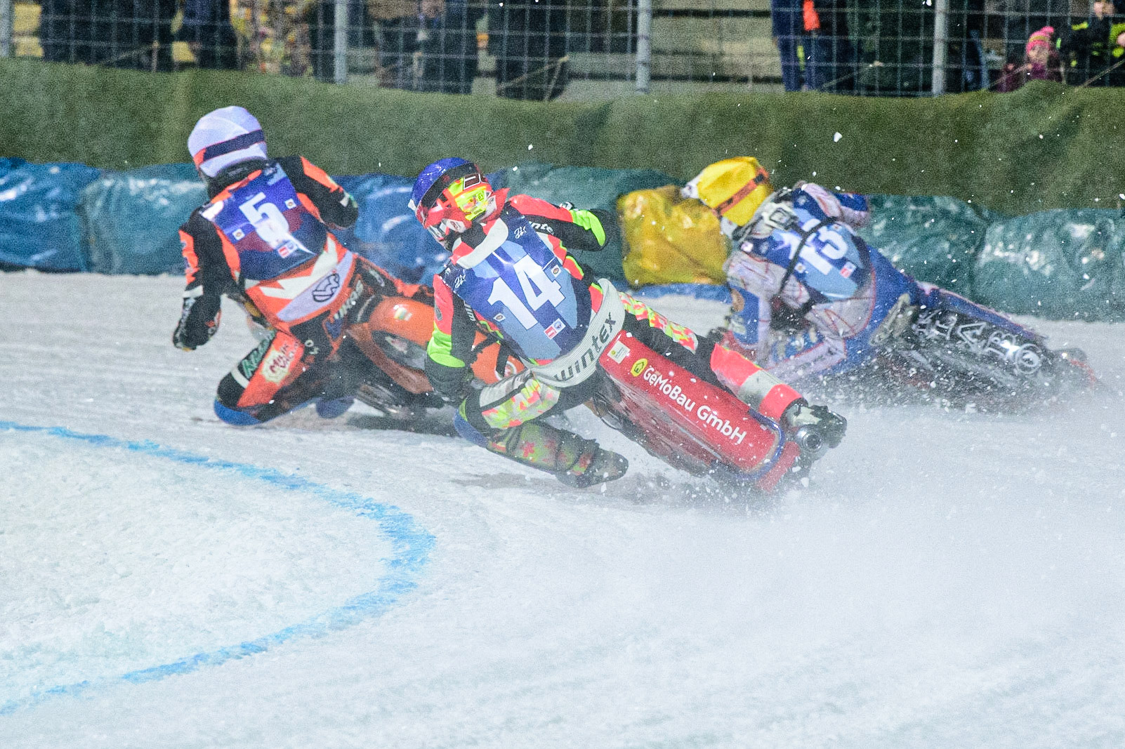 Harald Simon (Blue) chases Jan Klatovsky (Yellow) and Lukas Hutla (White) during the German Individual Ice Speedway Championship at Horst-Dohm-Eisstadion, Berlin on Friday 3rd March 2023. (Photo: Ian Charles | MI News)