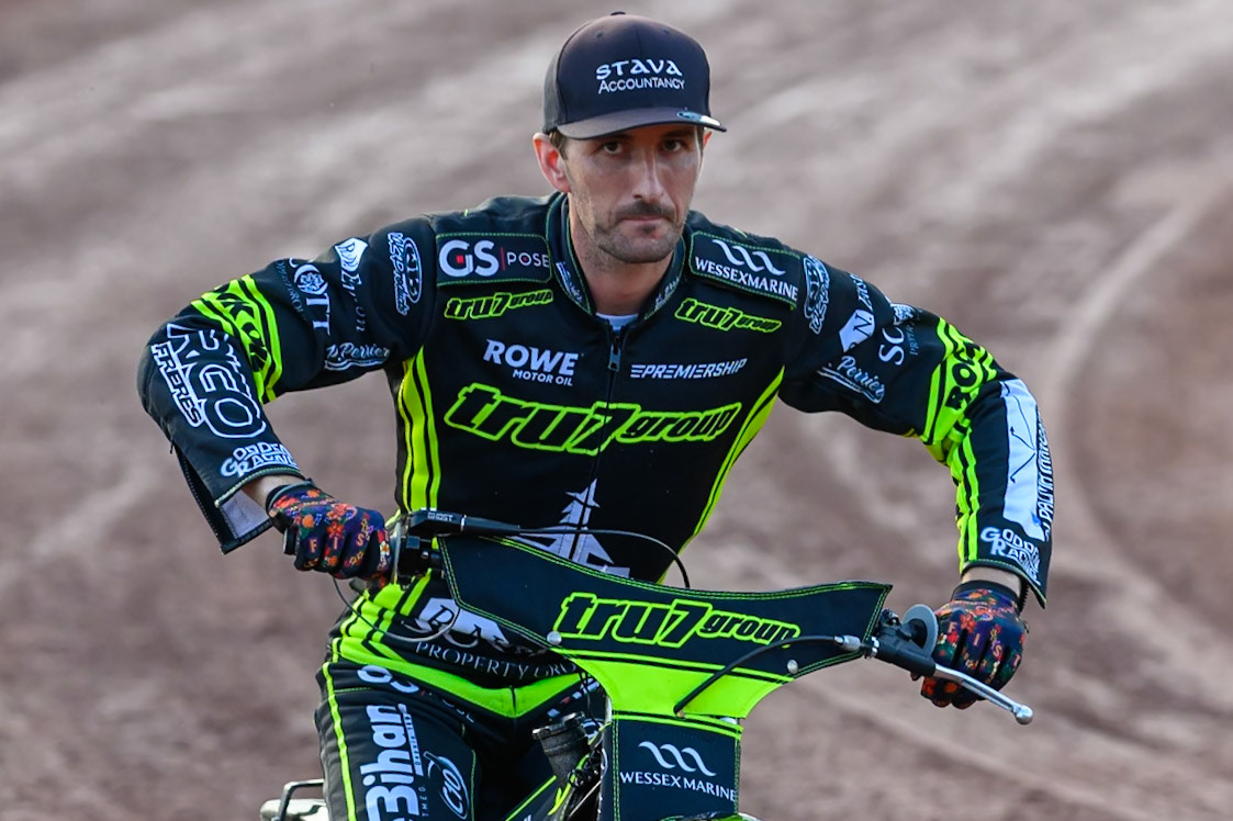 Ipswich Witches' Adam Ellis  on the parade lap during the Rowe Motor Oil Premiership match between Belle Vue Aces and Ipswich Witches at the National Speedway Stadium, Manchester on Monday 30th June 2025. (Photo: Ian Charles | MI News)