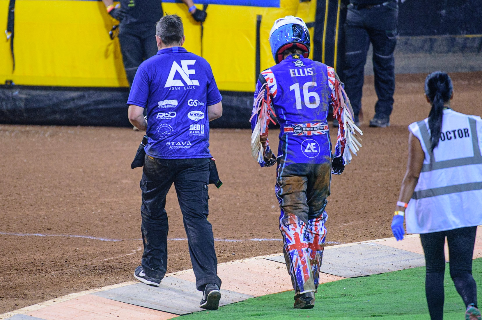 Adam Ellis (16) walks back to the pits after his fall in his opening ride, and he subsequently withdrew from the meeting during the FIM  Speedway Grand Prix of Great Britain at the Principality Stadium, Cardiff on Saturday 13th August 2022. (Credit: Ian Charles | MI News