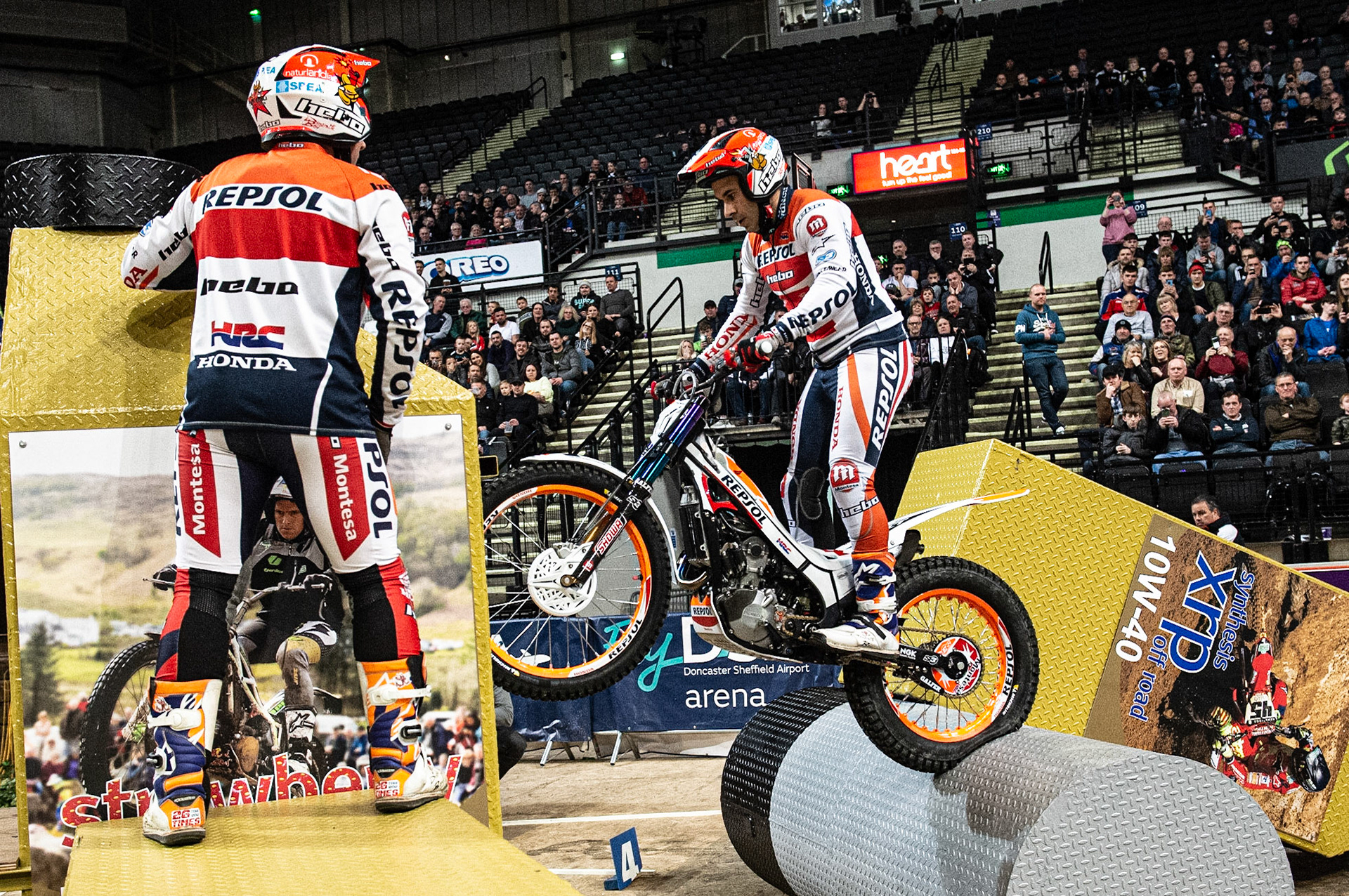 SHEFFIELD, ENGLAND  - DECEMBER 28TH  Tony Bou, Spain (Montessa) strubggles to bridge the gap on section 3  during the 25th Anniversary Sheffield Indoor Trial at the FlyDSA Arena, Sheffield on Saturday 28th December 2019. (Credit: Ian Charles | MI News)
