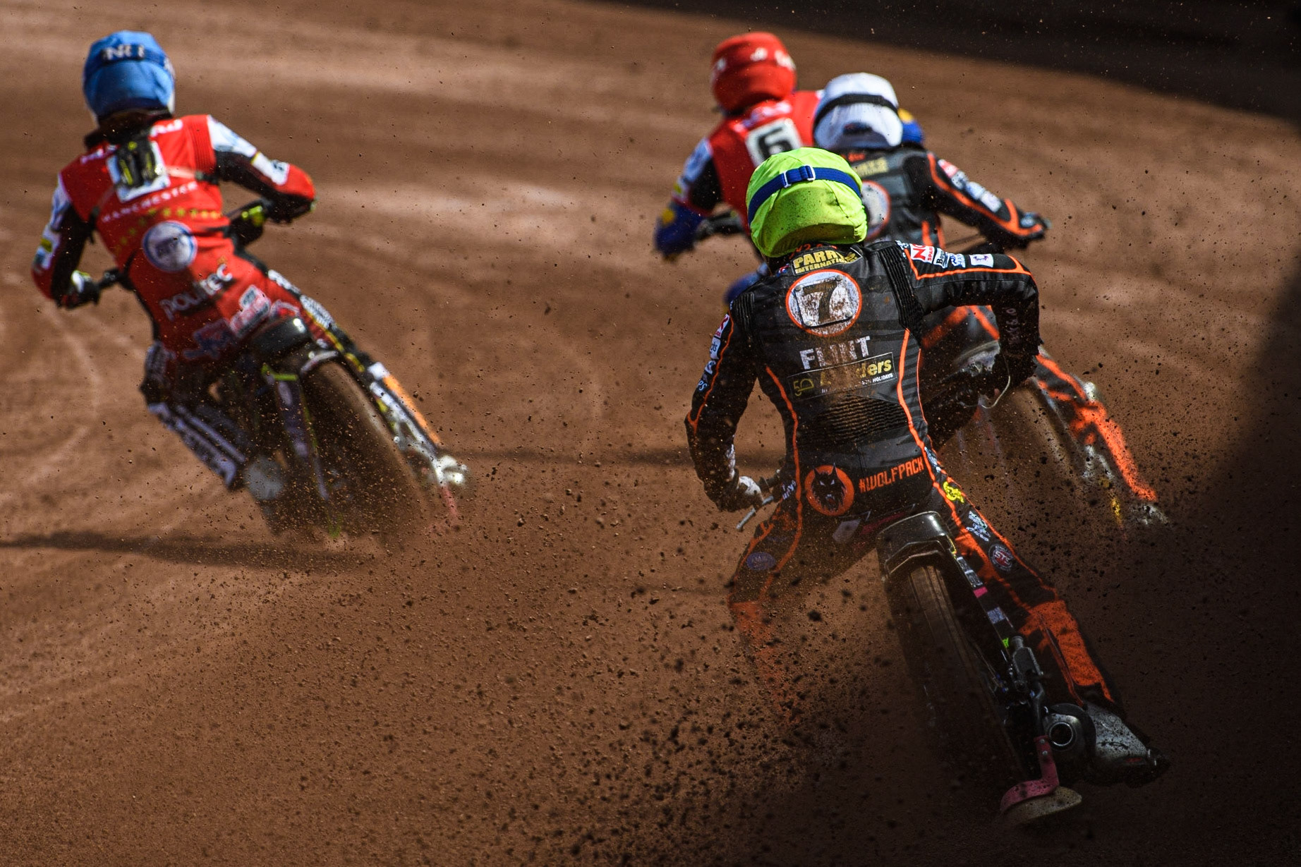 Leon Flint (Yellow) chases Jake Mulford (Blue) Zach Cook (White) and Paco Castagna (Red) during the Sports Insure Premiership match between Belle Vue Aces and Wolverhampton Wolves at the National Speedway Stadium, Manchester on Monday 29th May 2023. (Photo: Ian Charles | MI News)