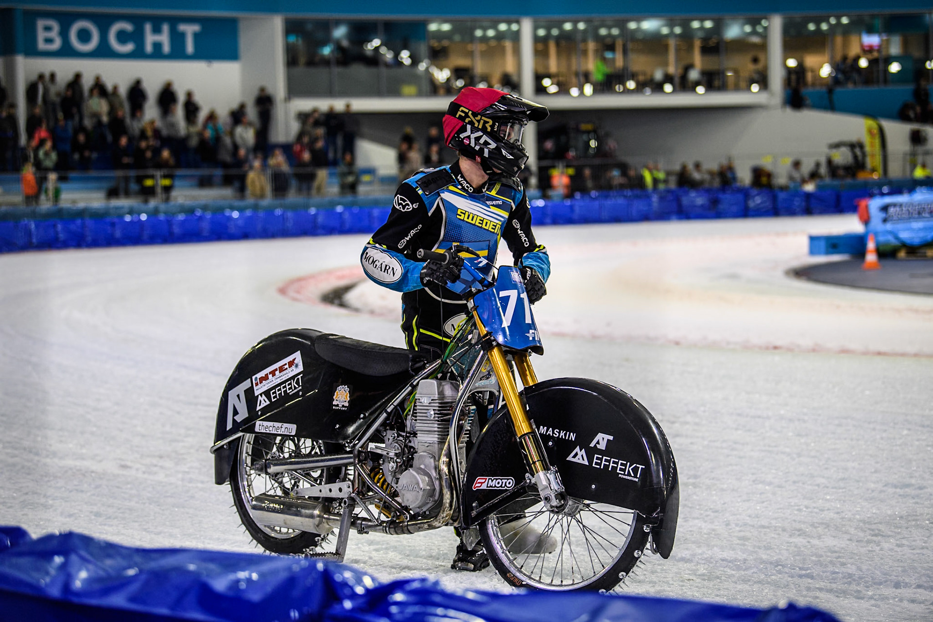 Filip Jäger (719) of Sweden gets up from his slide off during the FIM Ice Speedway Gladiators World Championship, Final 4 at the Ice Stadium, Thialf, Heerenveen on Sunday 6th April 2025. (Photo: Ian Charles | MI News)