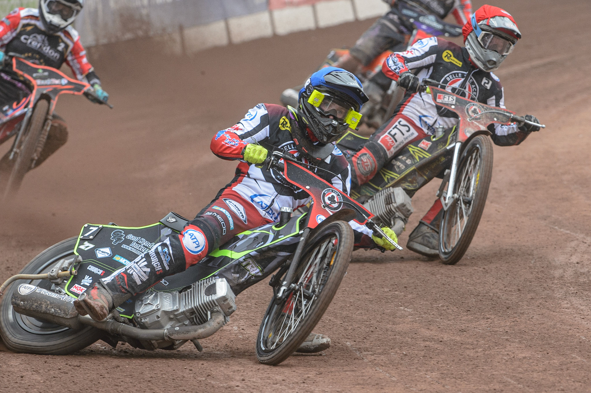 MANCHESTER, UK. MAY 2ND Tom Brennan  (Blue) leads Jye Etheridge   (Red)  during the SGB Premiership match between Belle Vue Aces and Peterborough at the National Speedway Stadium, Manchester on Monday 2nd May 2022. (Credit: Ian Charles | MI News)