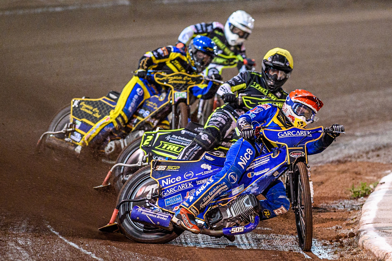 Robert Lambert (Red) leads  Erik Riss (Yellow) Kyle Howarth (Blue) and Emil Sayfutdinov (White) during the Sports Insure Premiership Grand Final Second Leg match between Sheffield Tigers and Ipswich Witches at Owlerton Stadium, Sheffield on Thursday 5th October 2023. (Photo: Ian Charles | MI News)