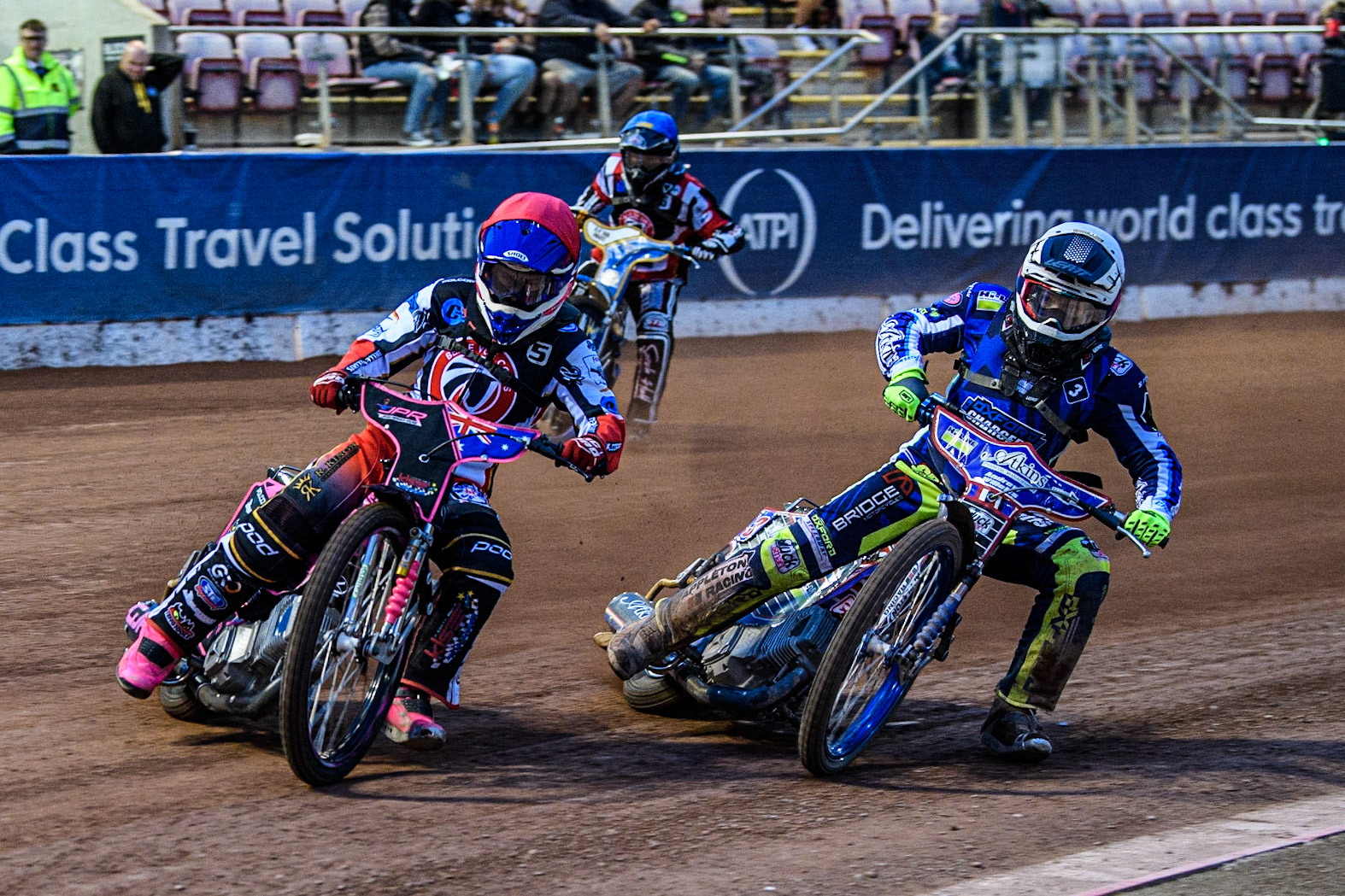 James Pearson  (Red) leads Henry Atkins  (White) with Jack Shimelt  (Blue) behind during the National Development League match between Belle Vue Colts and Oxford Chargers at the National Speedway Stadium, Manchester on Friday 12th May 2023. (Photo: Ian Charles | MI News)