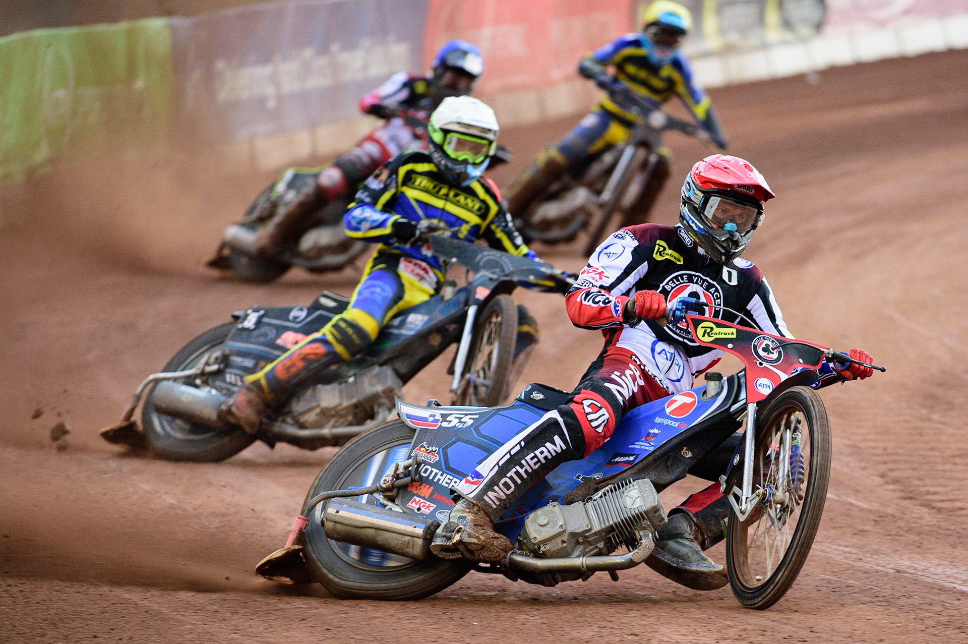 MANCHESTER, UK. JUL 5TH  Matej Zagar  (Red) leads Adam Ellis  (White), \bv2\ (Blue) and Justin Sedgmen  (Yellow)  during the SGB Premiership match between Belle Vue Aces and Sheffield Tigers at the National Speedway Stadium, Manchester on Tuesday 5th July 2022. (Credit: Ian Charles | MI News)