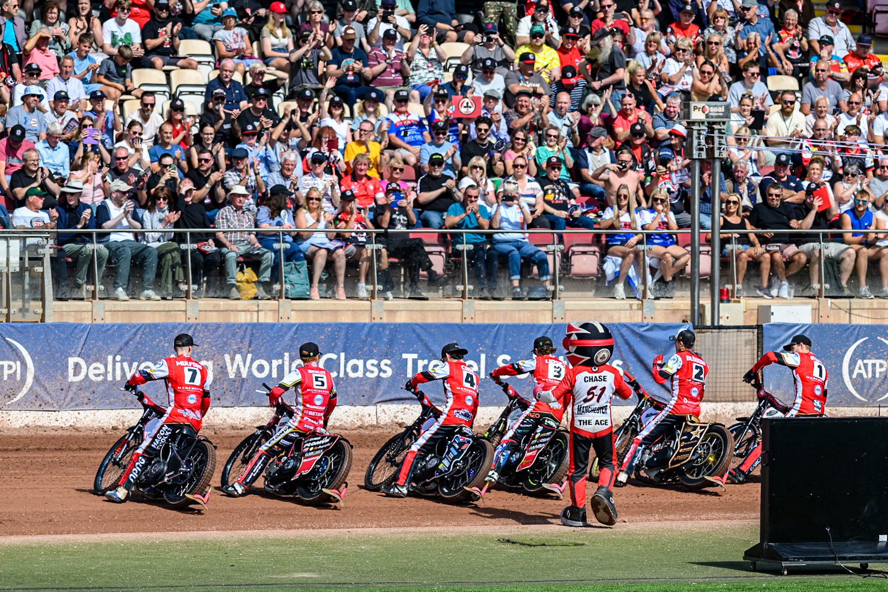 Belle Vue ATPI Aces line up for the fans on the parade lap during the Rowe Motor Oil Premiership match between Belle Vue Aces and Sheffield Tigers at the National Speedway Stadium, Manchester on Monday 25th August 2025. (Photo: Ian Charles | MI News)