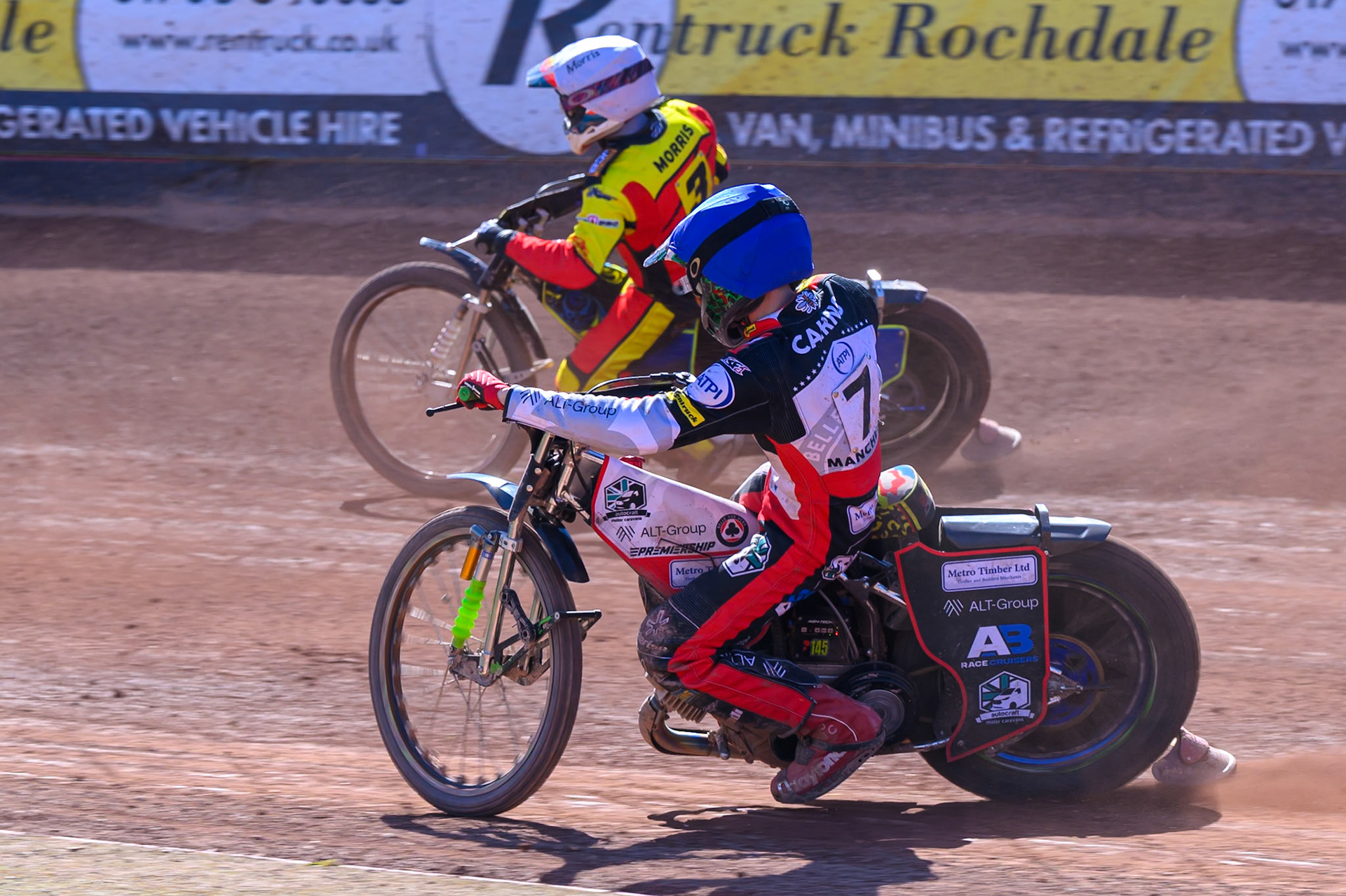 William Cairns of Belle Vue Aces  in Blue chases Nick Morris of Leicester Lions  in White during the Knockout Cup Northern Section match between Belle Vue Aces and Leicester Lions at the National Speedway Stadium, Manchester on Monday 6th April 2026. (Photo: Ian Charles | MI News)