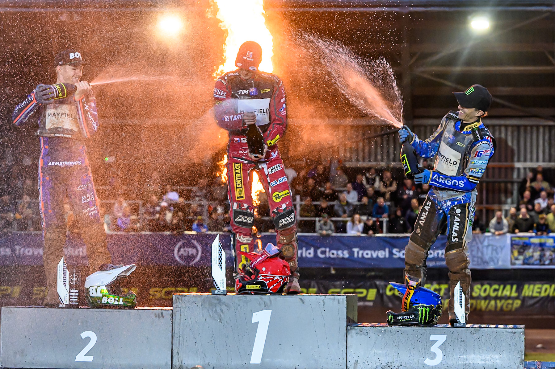 Champagne capers on the Rostrum during the ATPI  FIM Speedway GP of Manchester at the National Speedway Stadium, Manchester on Friday 5th June 2026. (Photo: Ian Charles | MI News)