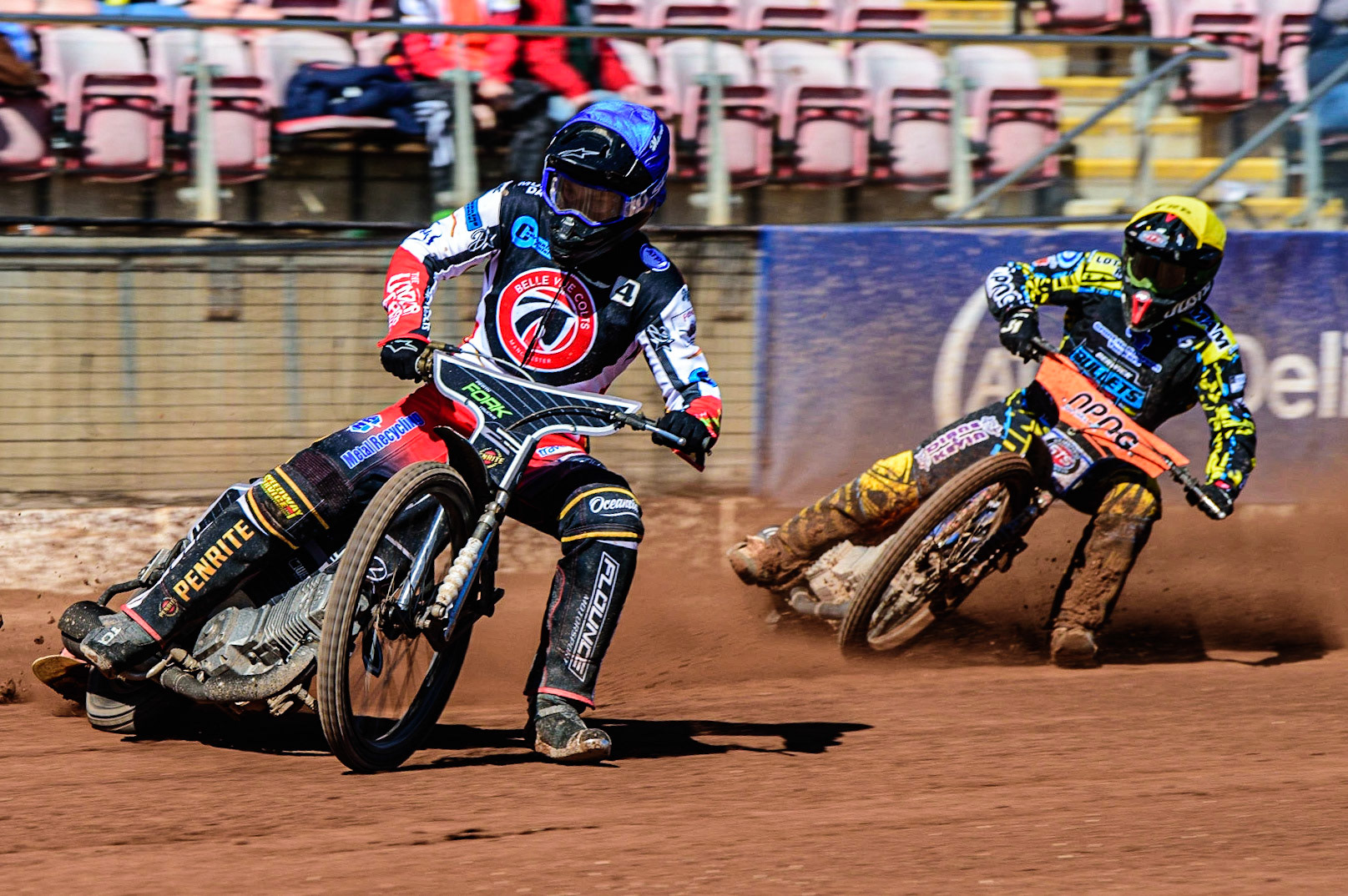 Matt Marson  (Blue) leads Josh Embleton   (Yellow) during the National Development League match between Belle Vue Colts and Berwick Bullets at the National Speedway Stadium, Manchester on Friday 7th April 2023. (Photo: Ian Charles | MI News)